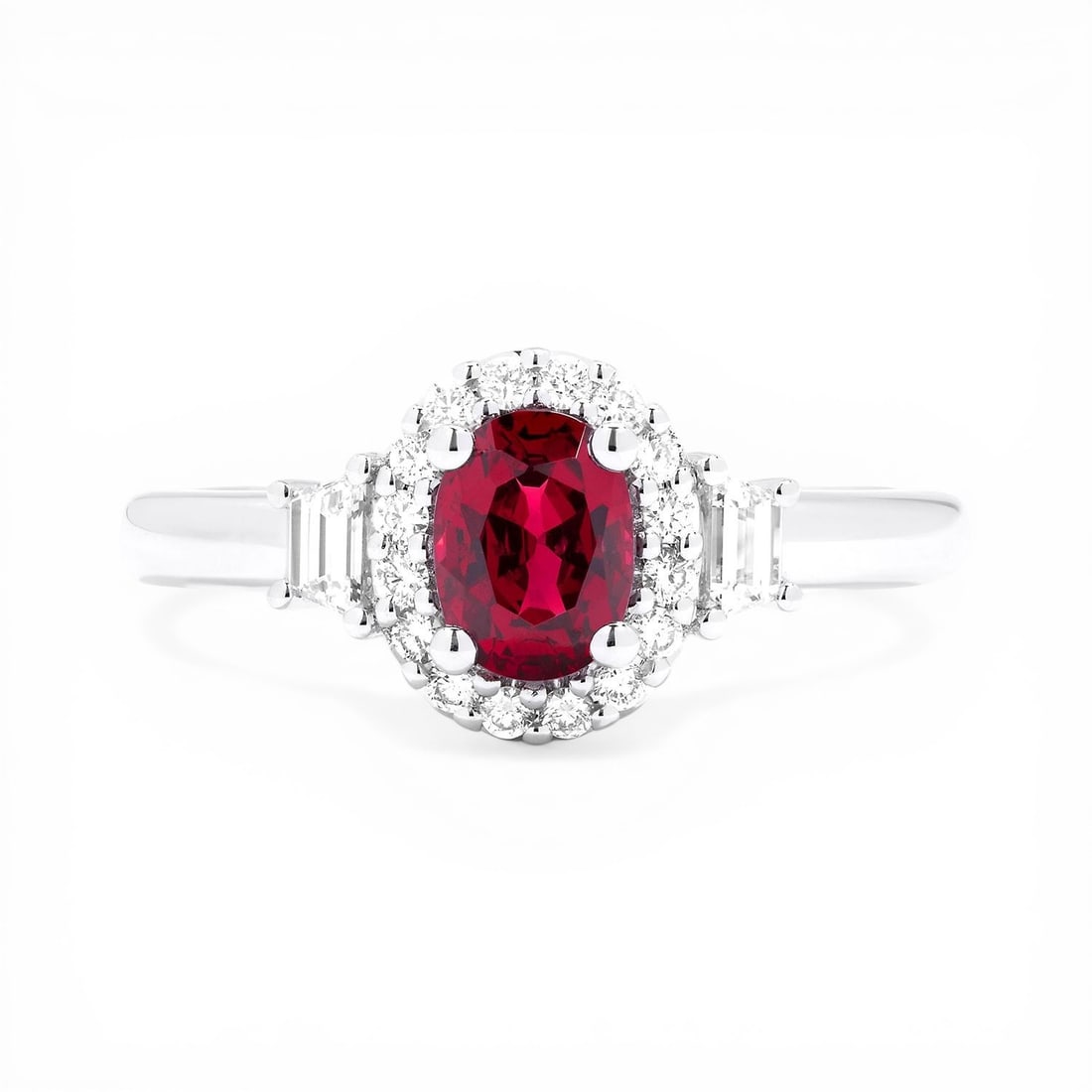 Oval Ruby and 0.29 ctw Diamond Halo 18k White Gold Ring: Retail Value: $6,315 An exquisite masterpiece of haute joaillerie, this magnificent Halo, 3-Stone ring featuring Ruby, White Diamond is a true treasure. Showcasing the gems in a Halo arrangement, the 