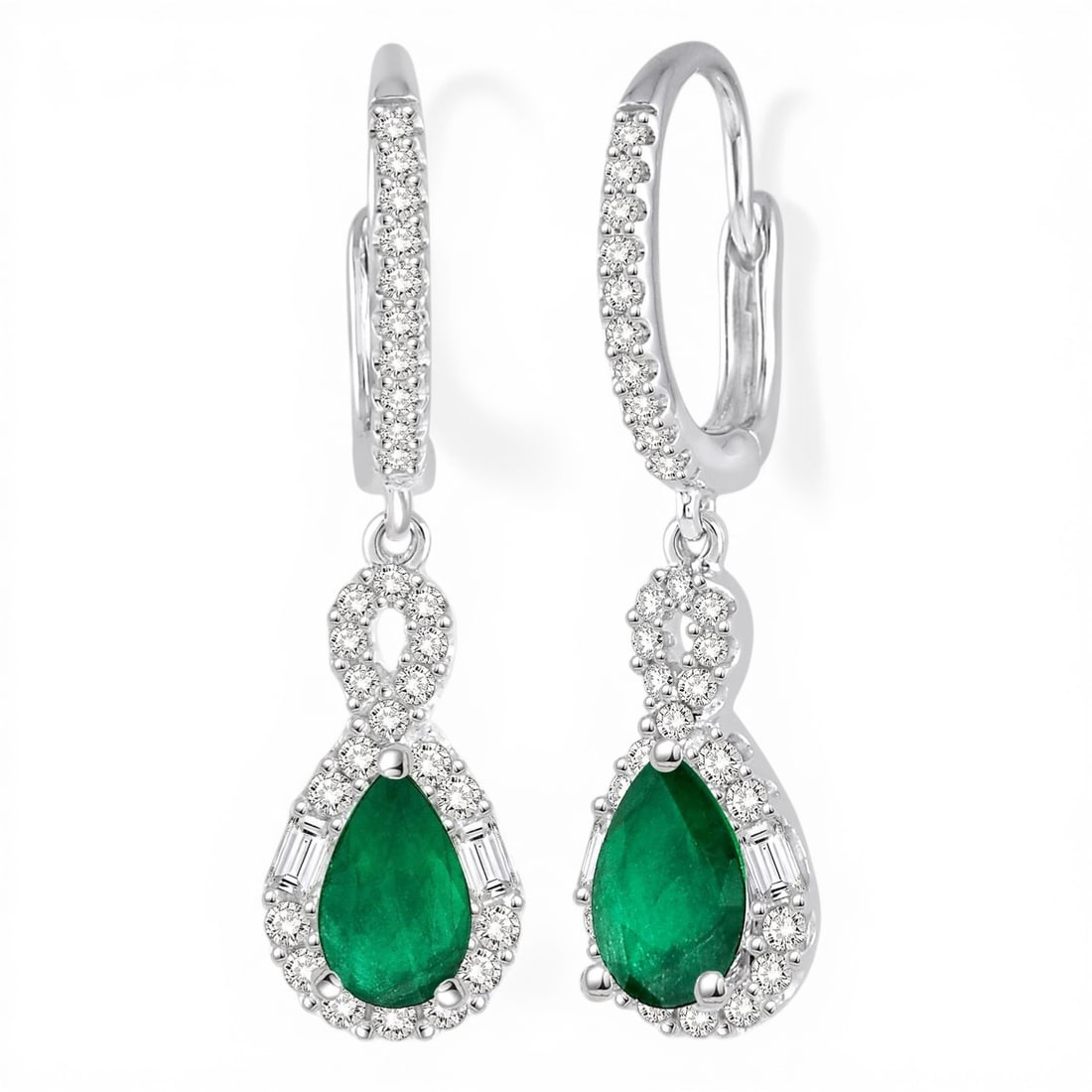 6x4mm Emerald and 0.53 ctw Diamond 14K White Gold Earrings: A testament to superior craftsmanship, this elegant Pear Cut pair of earrings featuring Emerald, White Diamond is unparalleled. Showcasing the gems in a Halo arrangement, the earrings consists of 3.0 