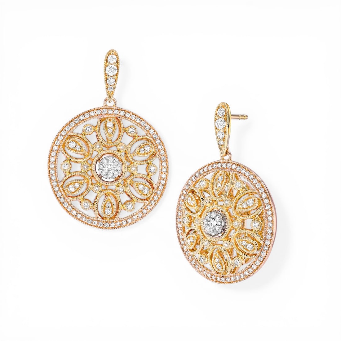 0.6 ctw Diamond Fiori Vintage 18K Tri-Color Gold Drop Earrings: Retail Value: $8,670 Timeless and sophisticated, this exquisite Vintage pair of earrings featuring Natural Diamonds radiates enduring beauty. The gemstones are nestled within a Filigree Drop framework