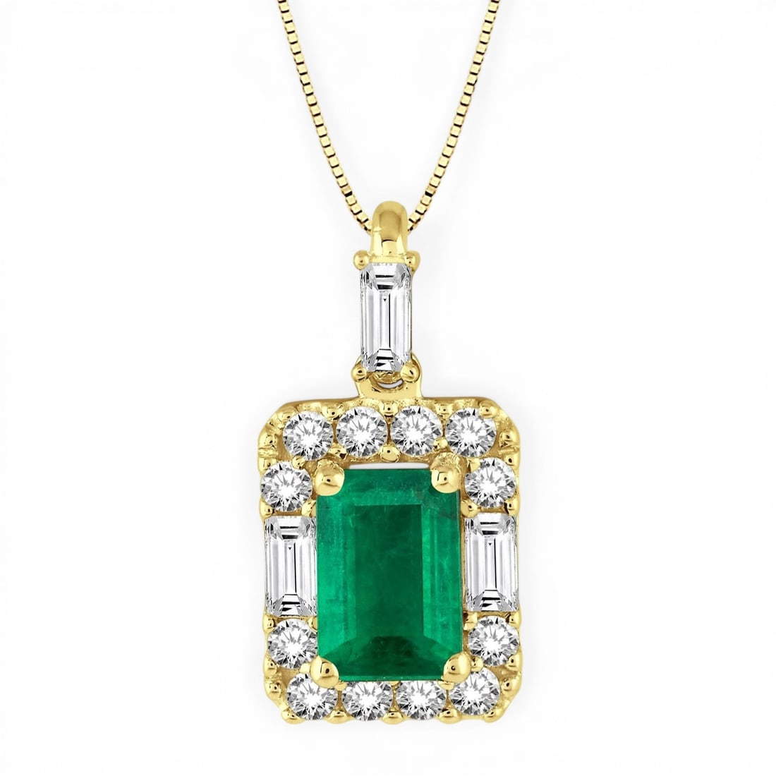 6x4mm Octagon Emerald and 0.29 ctw Diamond 14K Yellow Gold Pendant: Exuding opulence and grace, this magnificent Halo pendant featuring Emerald, White Diamond is crafted for the distinguished. A detailed Halo gallery secures the stones, rendered in 0.9 grams of lustro
