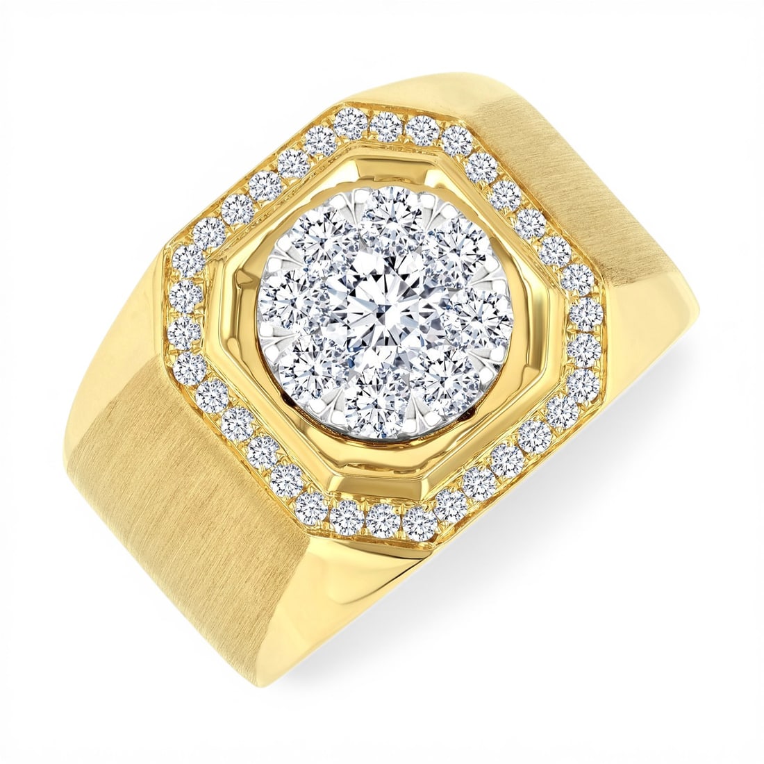 1.40 ctw Diamond 10K Yellow & White Gold Men's Ring: Defining modern elegance, this magnificent Cluster ring featuring White Diamonds captures the essence of style. Securely held in a classic Cluster design, the ring is forged from 9.95 grams of high-po