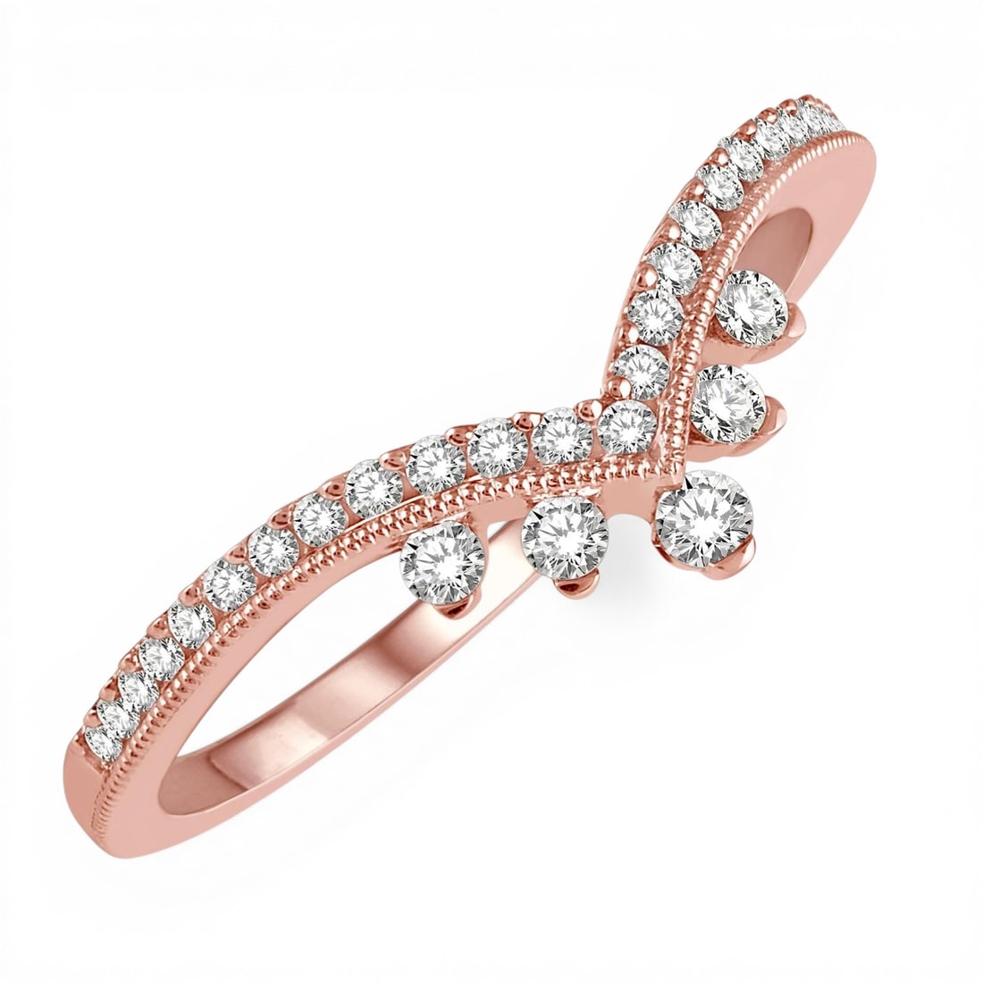 0.26 ctw Diamond Chevron 14K Rose Gold Band Ring: Epitomizing grandeur, this magnificent Chevron ring featuring White Diamond stands as a beacon of refined taste. Showcasing the gems in a Chevron arrangement, the ring consists of 2.0 grams of 14K Ros