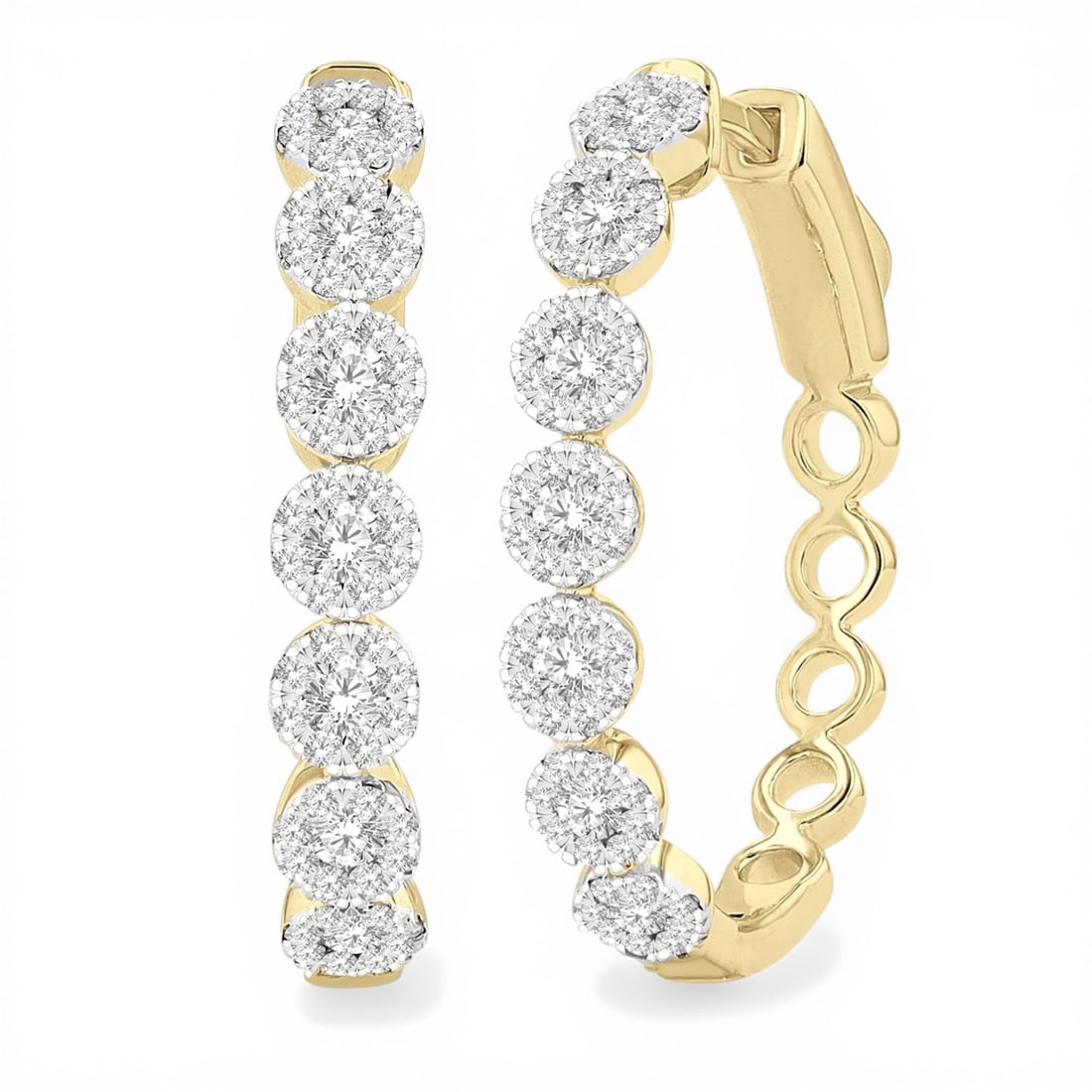 1.0 ctw Diamond Cluster 14K Yellow & White Gold Hoop Earrings: Captured in a moment of brilliance, this stunning Cluster pair of earrings featuring White Diamond speaks to the connoisseur. Expertly mounted in a Cluster setting, the earrings are crafted in 4.0 gra