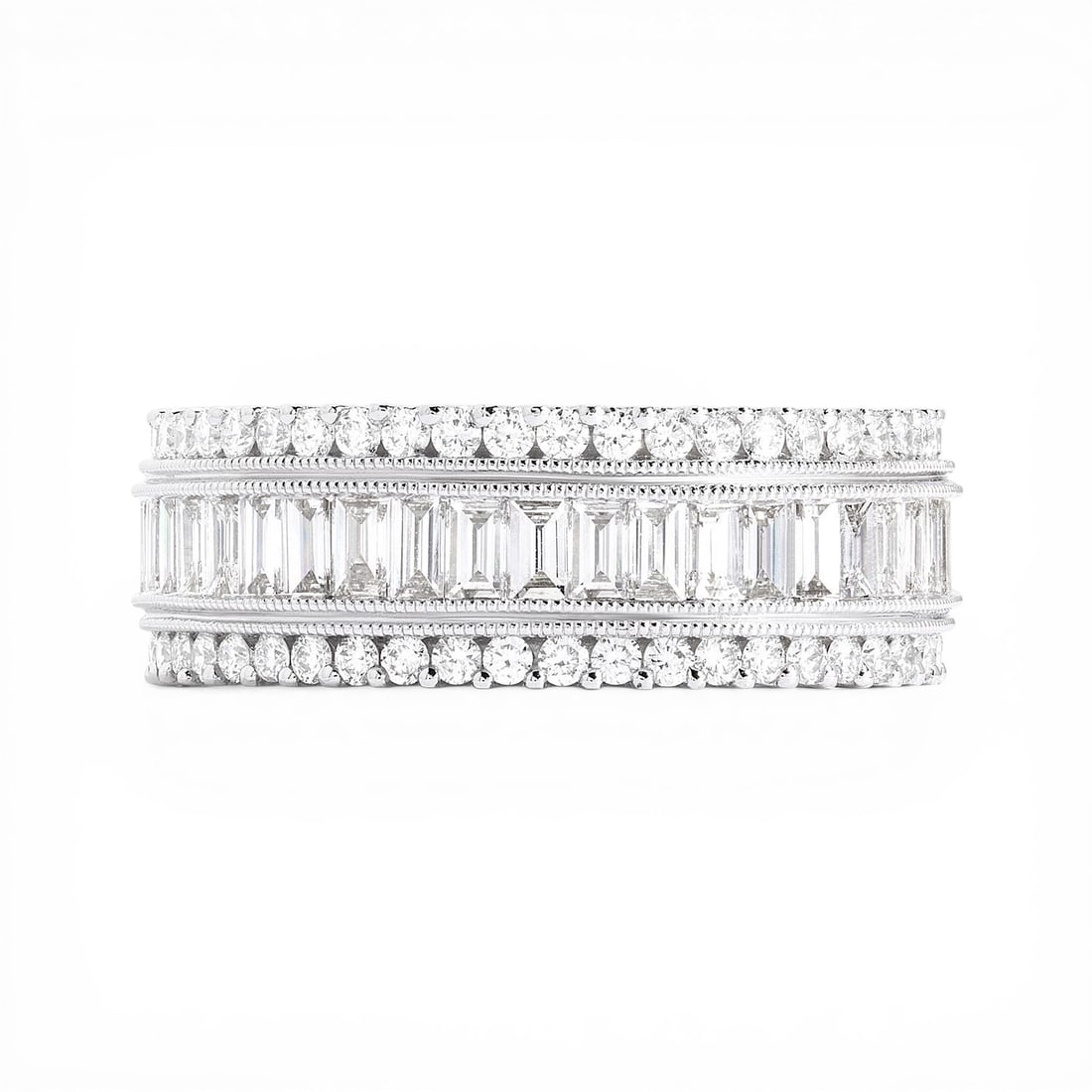 1.84 ctw Baguette & Round Diamond 18K White Gold Band Ring: Retail Value: $13,080 Exuding opulence and grace, this stunning Midjourney ring featuring White Diamond is crafted for the distinguished. The gemstones are nestled within a Multi-Row Band framework, s