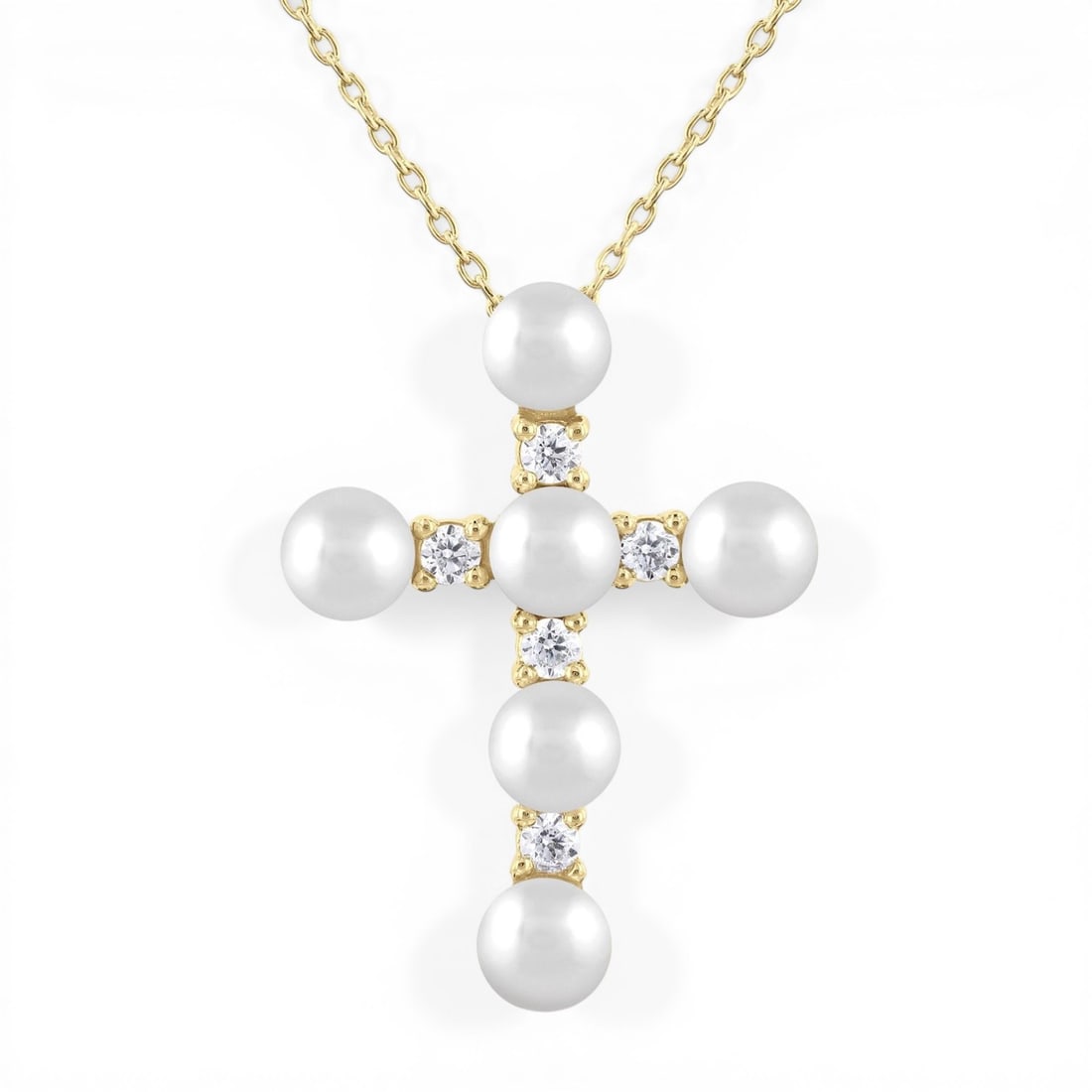 4mm Cultured Pearl and 0.15 ctw Diamond 10K Yellow Gold Pendant: Defining modern elegance, this elegant Cross pendant featuring Cultured Pearl, White Diamond captures the essence of style. The gemstones are nestled within a Cluster framework, supported by a substan