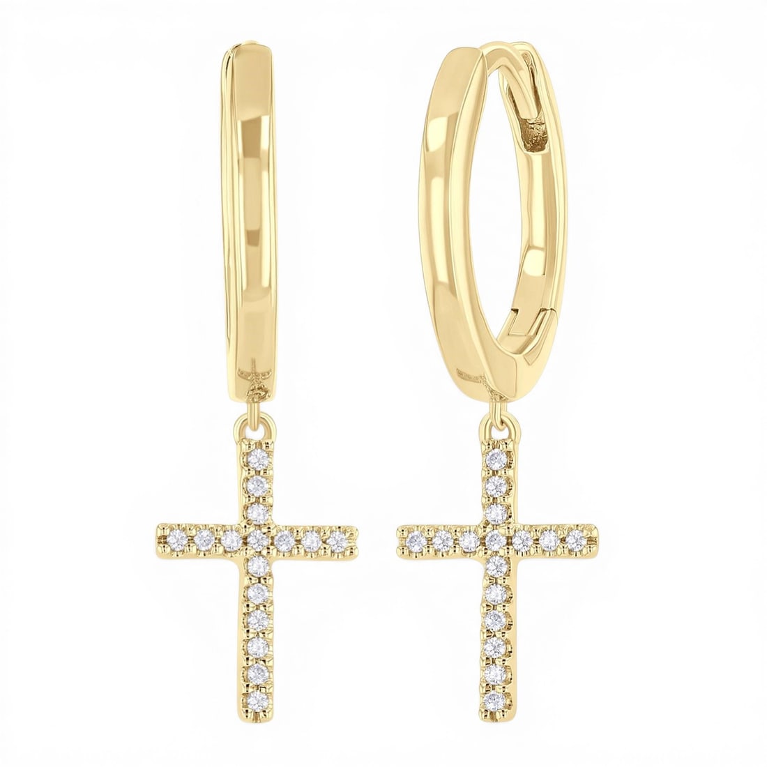 Petite Cross 0.10 ctw Diamond 10K Yellow Gold Huggies Earrings: Captured in a moment of brilliance, this elegant Cross pair of earrings featuring Natural Diamonds speaks to the connoisseur. Securely held in a classic Drop/Dangle design, the earrings are forged fro