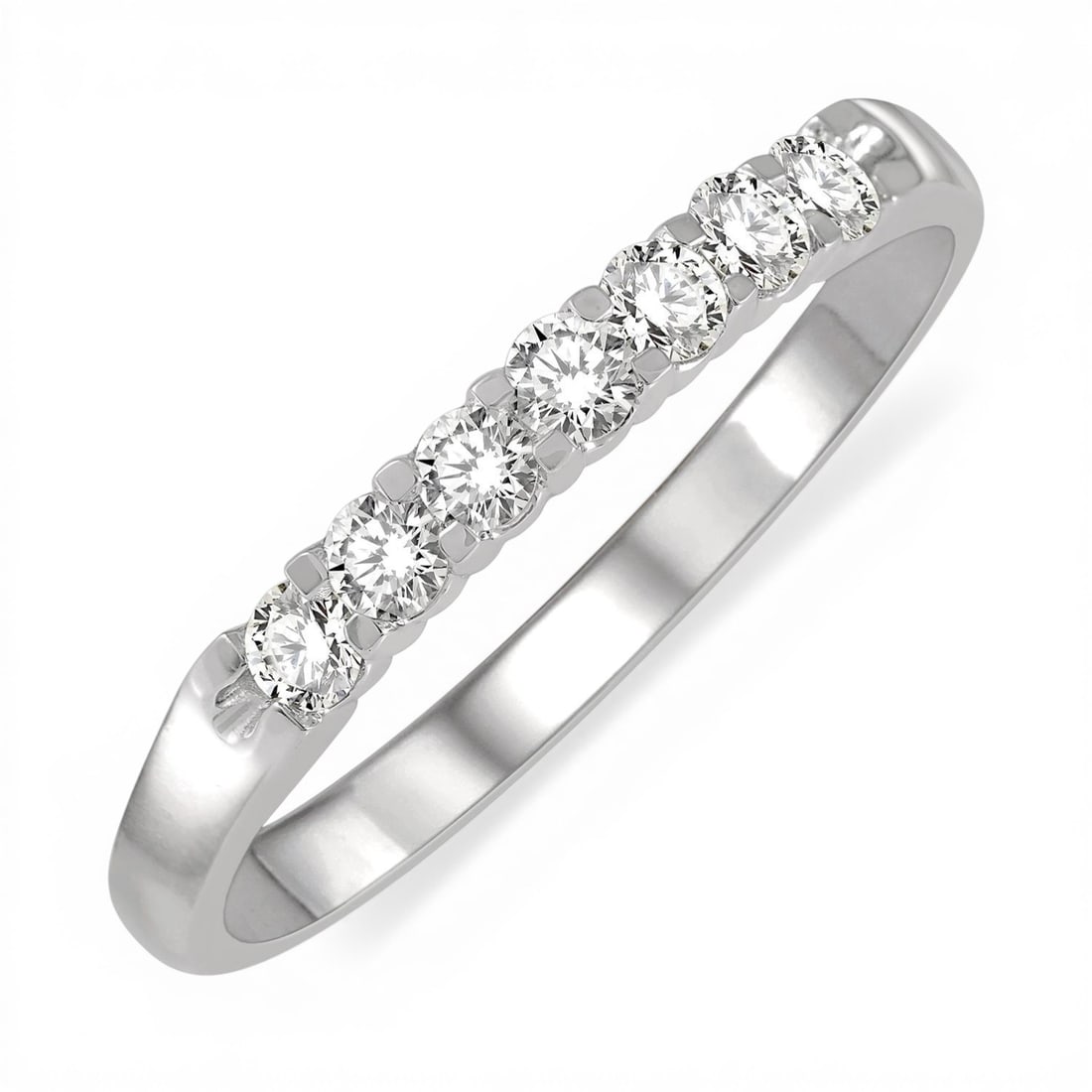 0.25 ctw Diamond 7 Stone Wedding Band 14K White Gold: Exuding opulence and grace, this elegant 7 Stone ring featuring Natural Diamonds is crafted for the distinguished. Crafted with precision, the Shared Prong Line Setting is seamlessly integrated into 2
