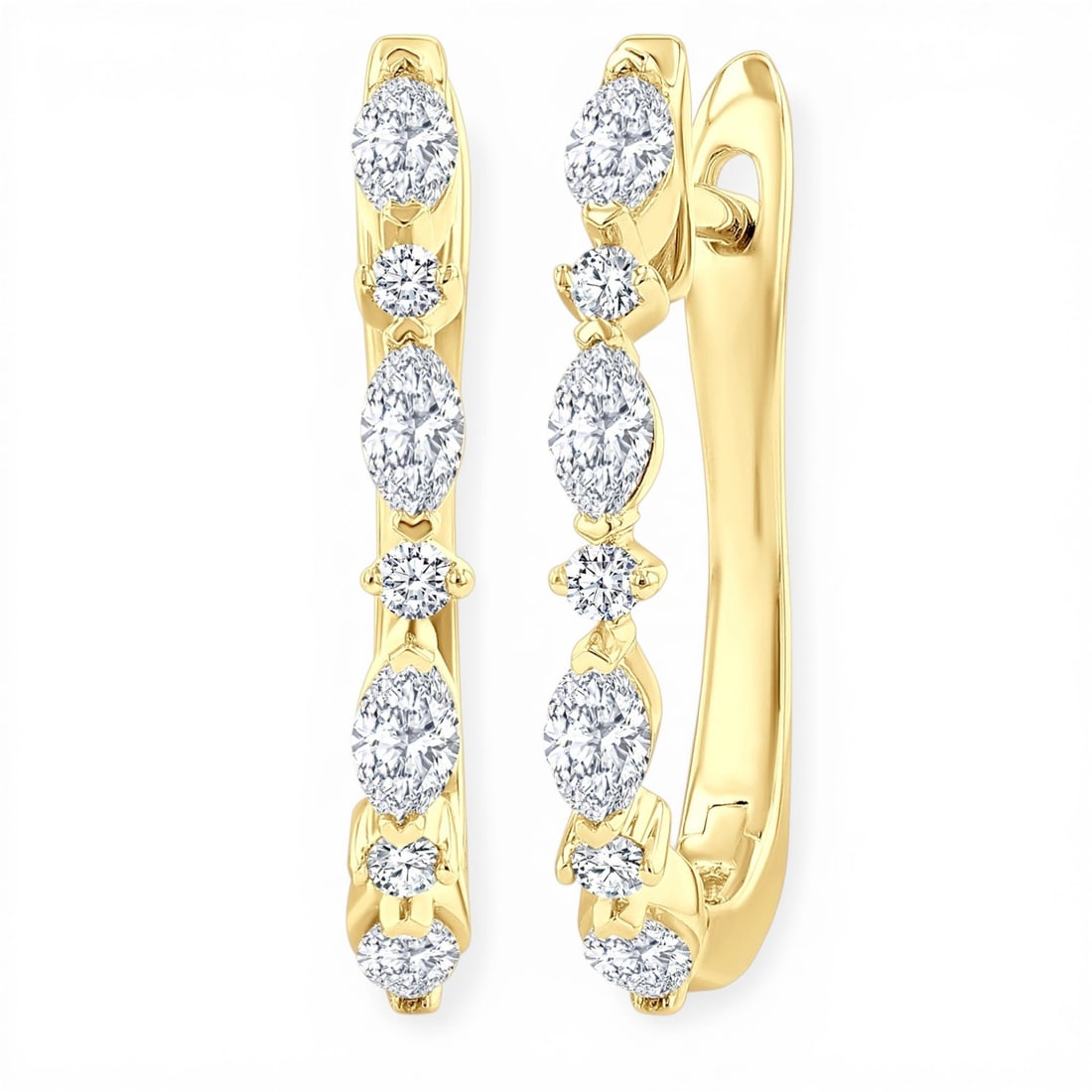 0.54 ctw White Diamond Marquise & Round Cut 14K Yellow Gold Hoop Earrings: Exuding opulence and grace, this elegant Marquise and Round Cut pair of earrings featuring White Diamond is crafted for the distinguished. A detailed Hoop gallery secures the stones, rendered in 2.4 g