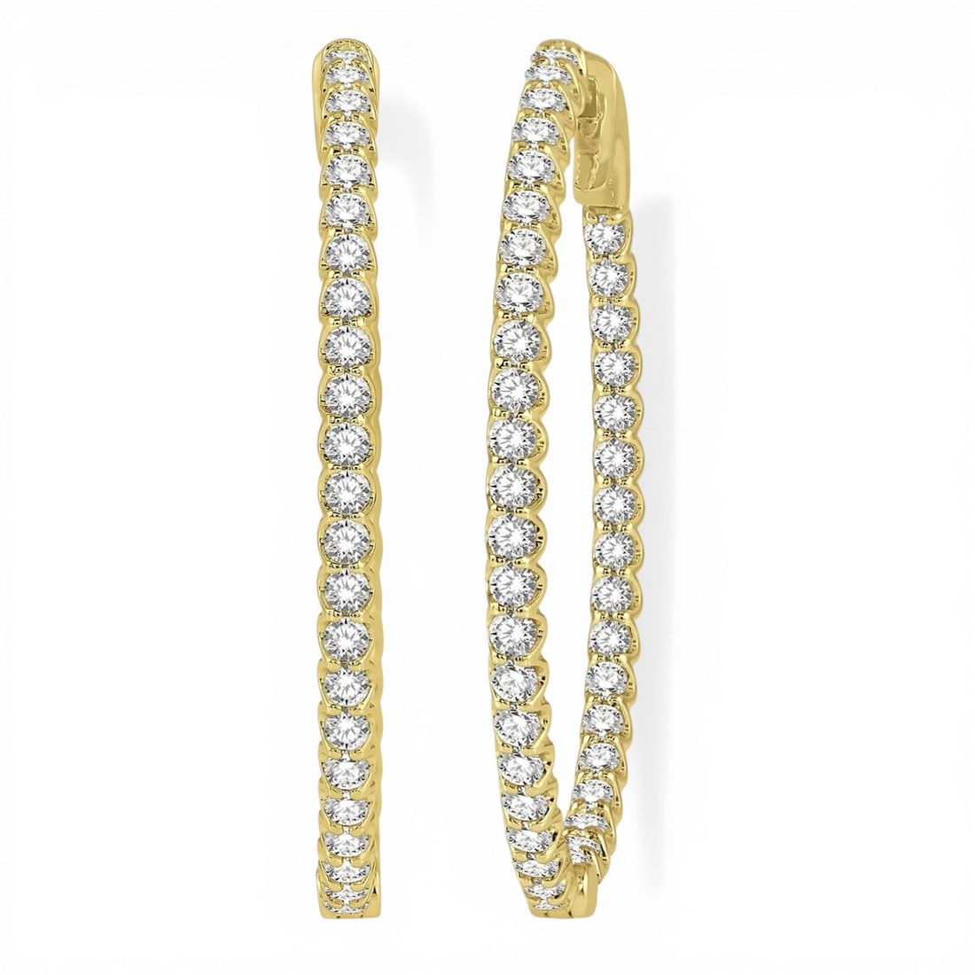 1.52 ctw Round White Diamond Inside-Out Hoop 14K Yellow Gold Earrings: Rare and radiant, this stunning Inside-Out Hoop pair of earrings featuring White Diamond offers a touch of the extraordinary. A detailed Inside-Out Hoop gallery secures the stones, rendered in 5.35 gr