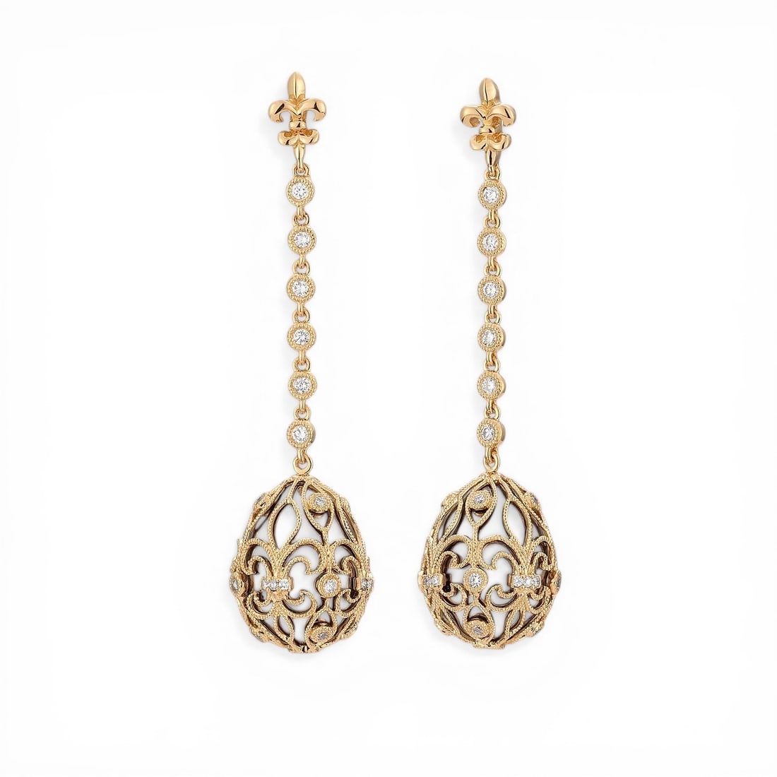 0.64 ctw White Diamond Mademoiselle Cage 18K Gold Drop Earrings: Retail Value: $11,160 A symphony of light and color, this stunning Cage Drop pair of earrings featuring White Diamond embodies the pinnacle of luxury. A detailed Drop/Dangle gallery secures the stones