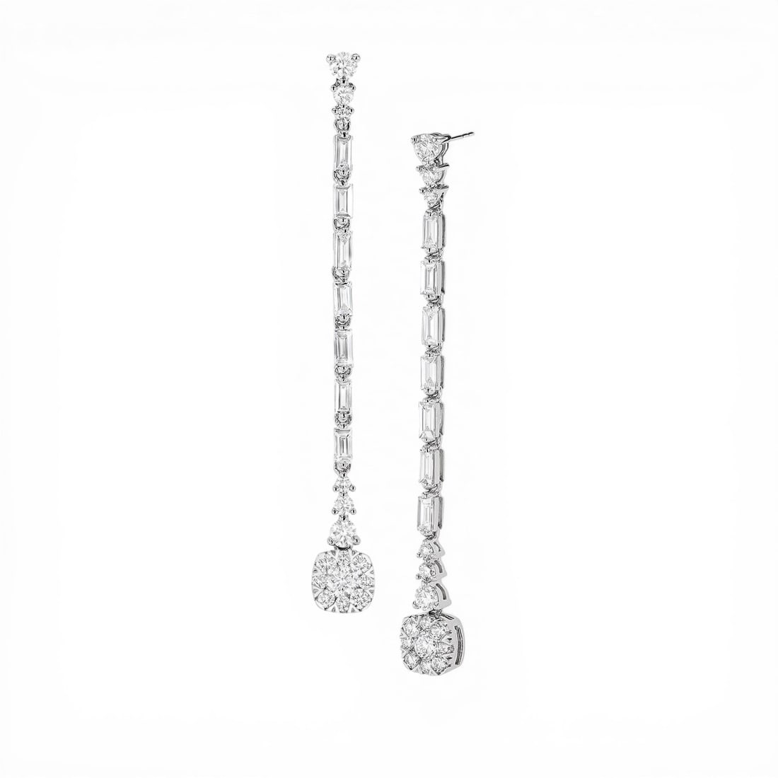 1.88 ctw Round & Baguette Diamond Cluster 18K White Gold Drop Earrings: Retail Value: $10,395 A vision of luxury, this exquisite Fiori Drop Cluster pair of earrings featuring White Diamond defines sophistication. Showcasing the gems in a Drop arrangement, the earrings con