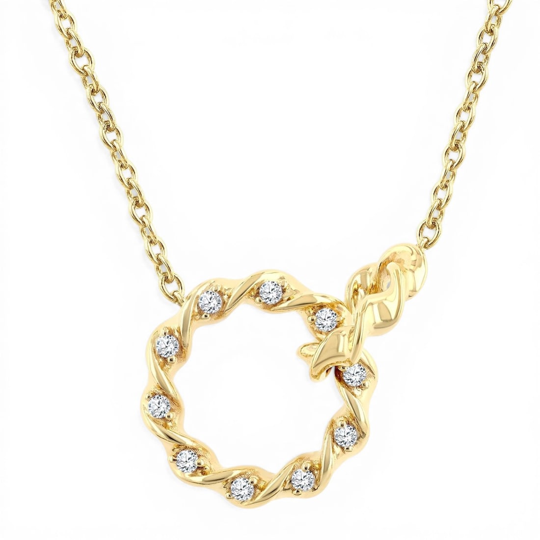 Petite Interlocked Circle 0.10 ctw Diamond 10K Yellow Gold Pendant: A testament to superior craftsmanship, this elegant Interlocked Circle pendant necklace featuring White Diamond is unparalleled. Crafted with precision, the Integrated setting is seamlessly integrated