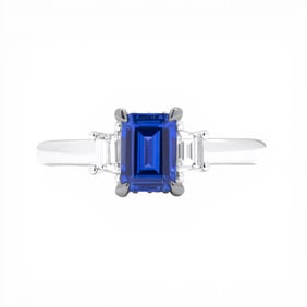 Emerald Cut Blue Sapphire and 0.36 ctw Diamond 18K White Gold Ring