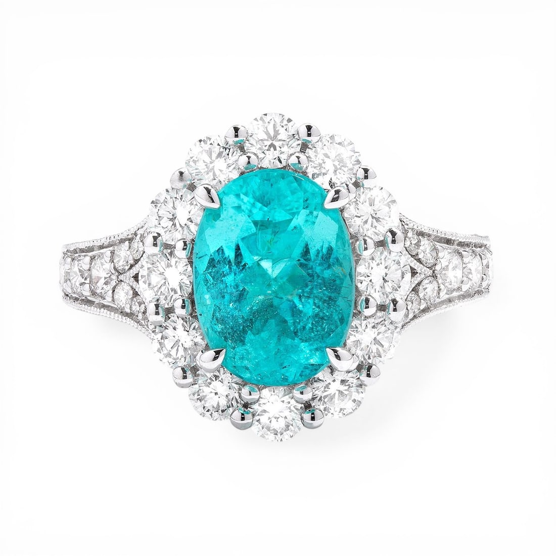 Oval Topaz and 1.75 ctw Diamond Halo 18K White Gold Ring: Retail Value: $52,905 Captured in a moment of brilliance, this stunning Halo ring featuring Topaz, White Diamond speaks to the connoisseur. A detailed Halo gallery secures the stones, rendered in 6.0 