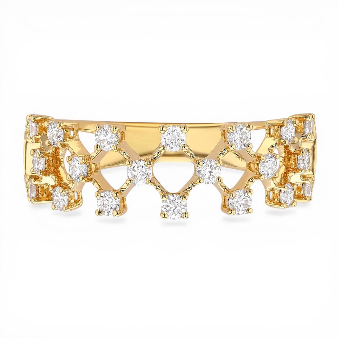 0.55 ctw White Diamond 18K Yellow Gold Band Ring: Retail Value: $4,140 A symphony of light and color, this exquisite Silk Mesh Thin Band ring featuring White Diamond embodies the pinnacle of luxury. Crafted with precision, the Openwork setting is sea