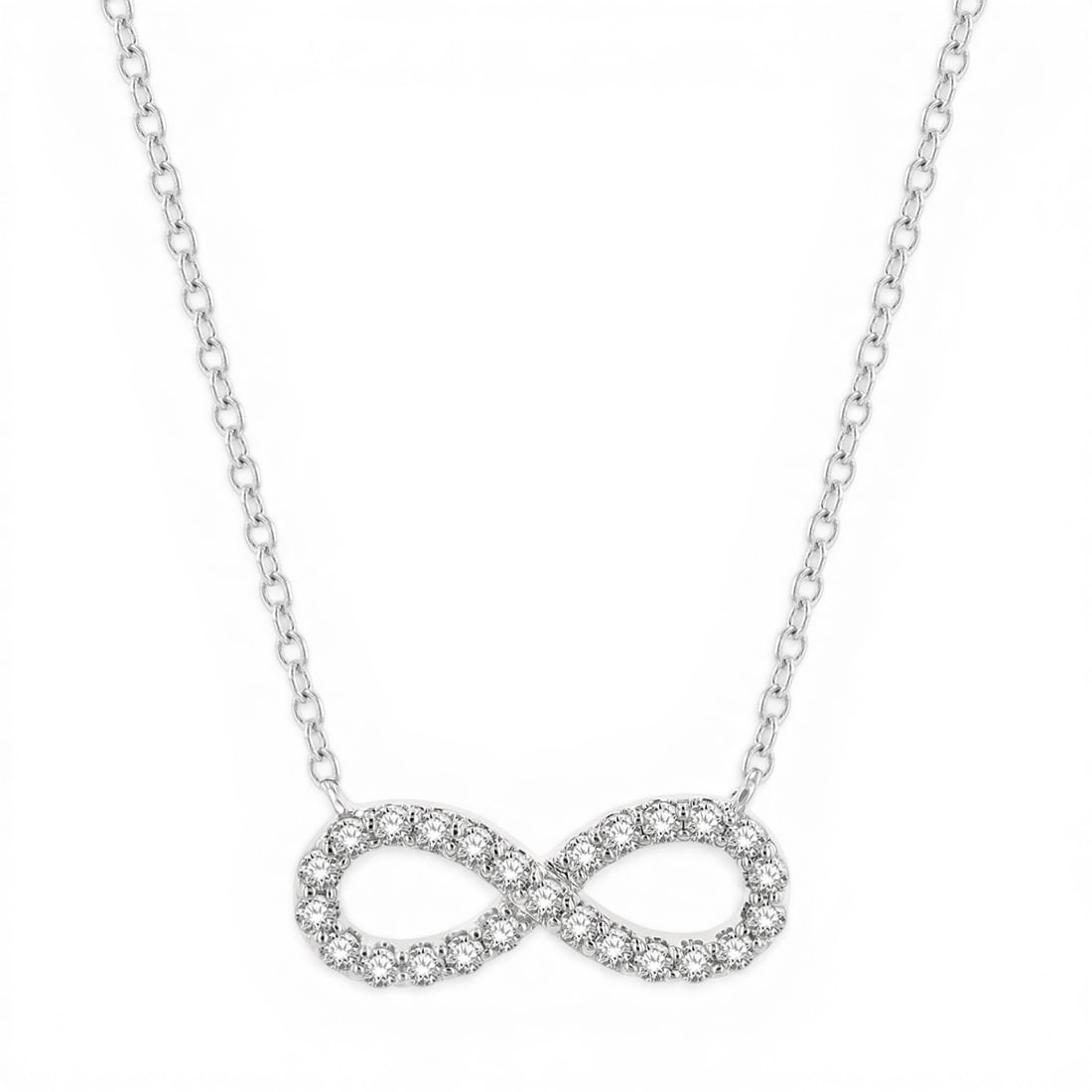 0.25 ctw Diamond Infinity Pendant 14K White Gold Necklace: A testament to superior craftsmanship, this elegant Infinity necklace featuring White Diamond is unparalleled. Showcasing the gems in a Cluster arrangement, the necklace consists of 1.0 grams of 14K W