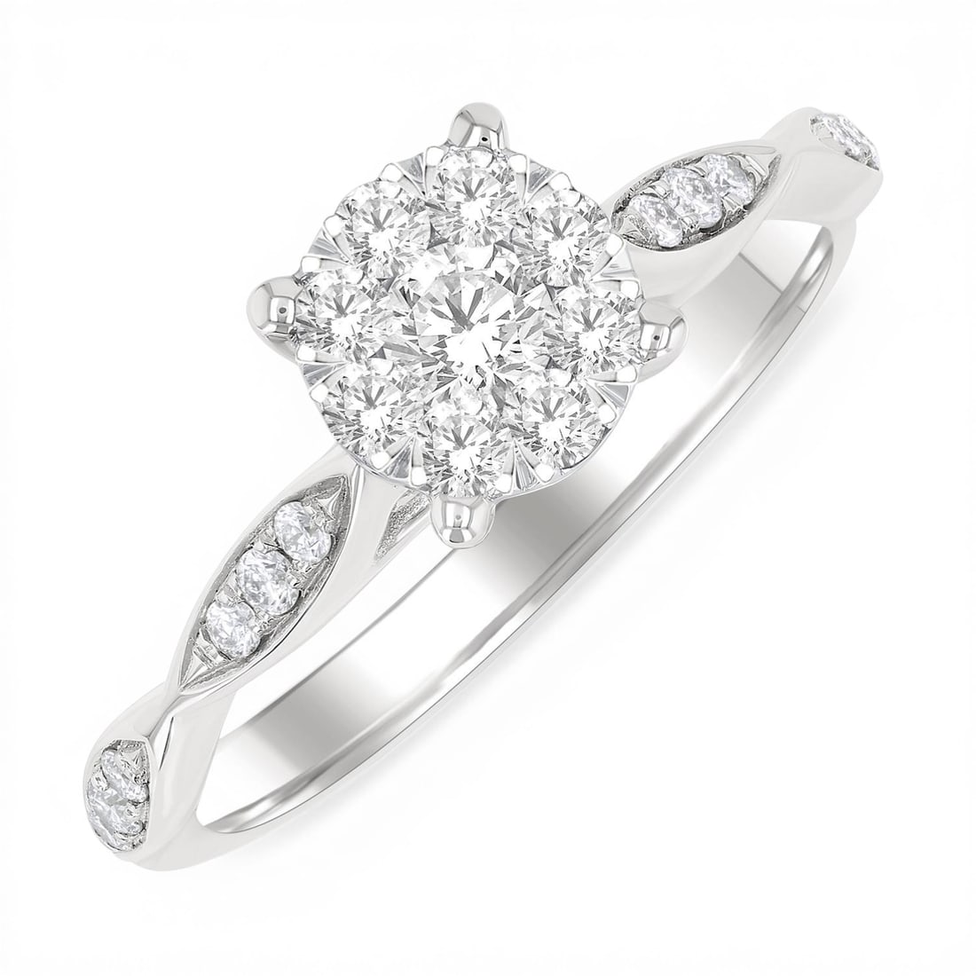 0.50 ctw Diamond Cluster Carved 14K White Gold Engagement Ring: Captured in a moment of brilliance, this breathtaking Cluster Marquise Carved ring featuring Natural Diamonds speaks to the connoisseur. Expertly mounted in a Cluster/Illusion Head with Twisted Shank 