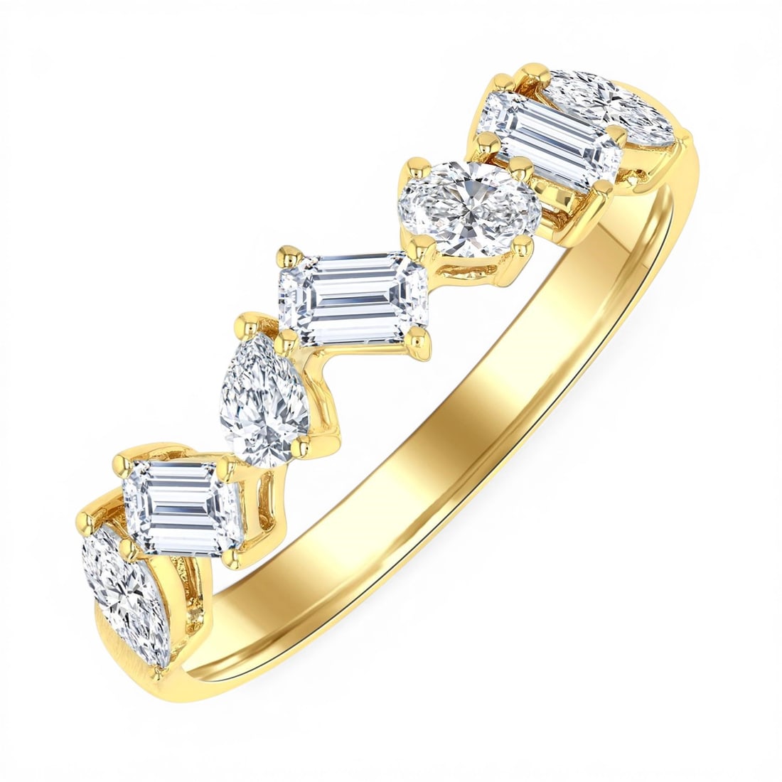 0.81 ctw Mixed Shape Diamond Fashion Band 14K Yellow Gold Ring: Defining modern elegance, this stunning Mixed Shape ring featuring White Diamond captures the essence of style. Expertly mounted in a Fashion Band setting, the ring is crafted in 2.4 grams of solid 14