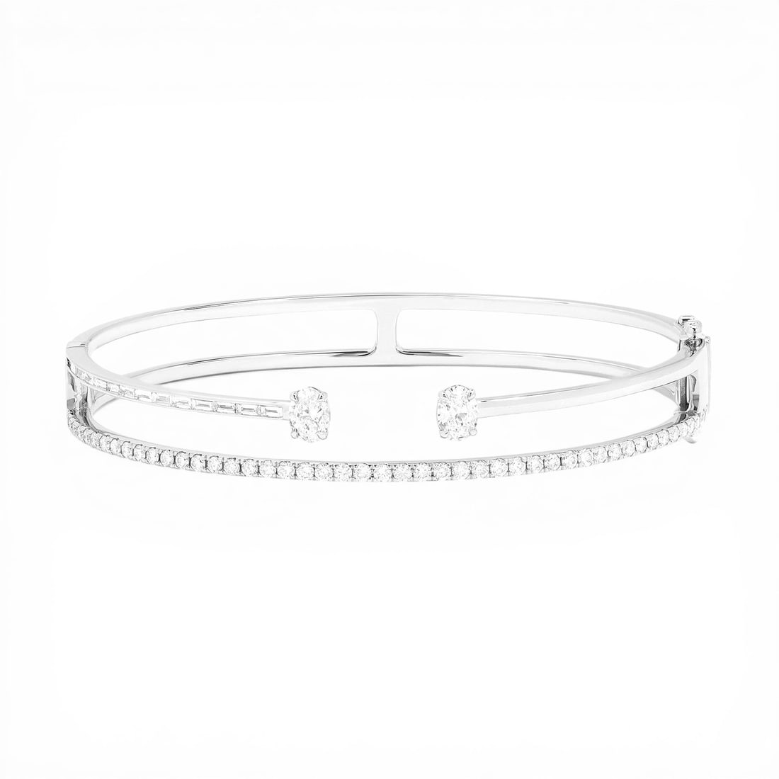 1.87 ctw Mixed Cut Diamond 18K White Gold 2-Row Bangle Bracelet: Retail Value: $21,840 A testament to superior craftsmanship, this stunning 2-Row bracelet featuring White Diamond is unparalleled. The gemstones are nestled within an Open Bangle framework, supported 