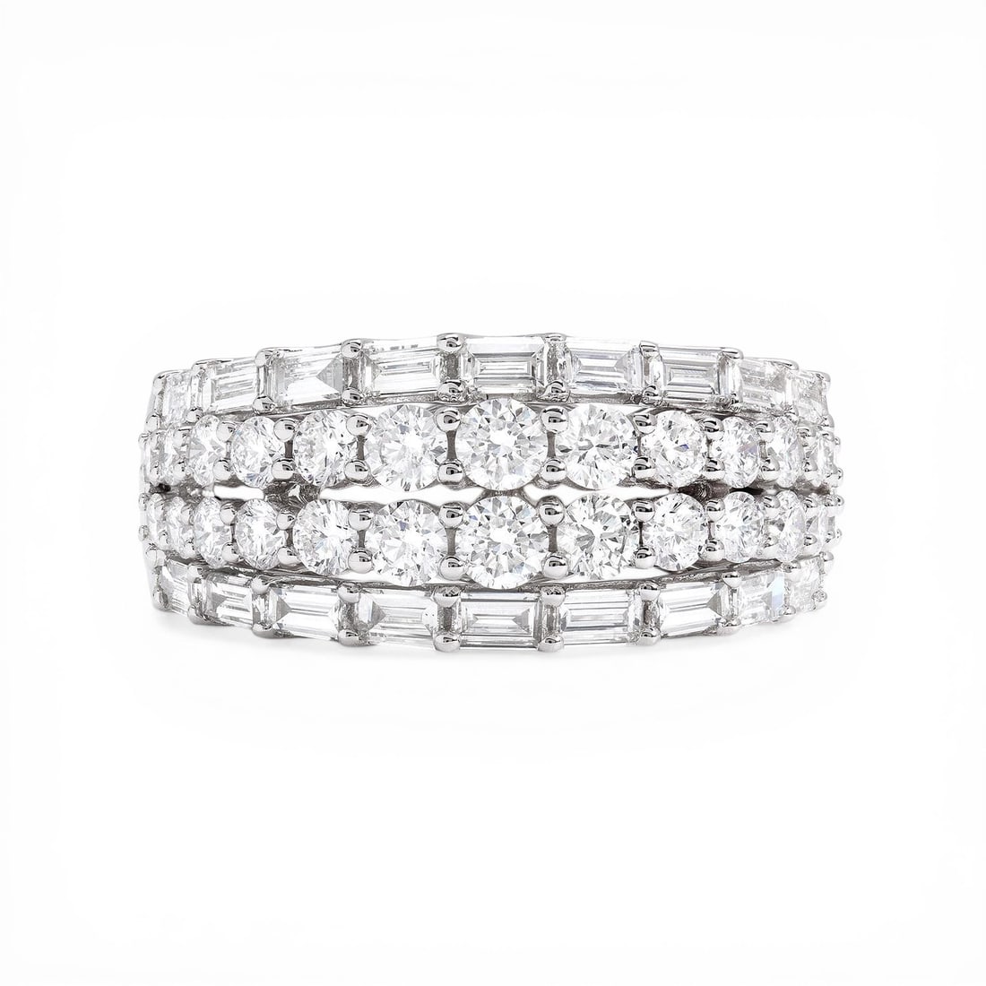 1.79 ctw Duchess Baguette Diamond Band 18K White Gold Ring: Retail Value: $11,325 Rare and radiant, this magnificent Baguette Band ring featuring White Diamond offers a touch of the extraordinary. Securely held in a classic Multi-Row Band design, the ring is f