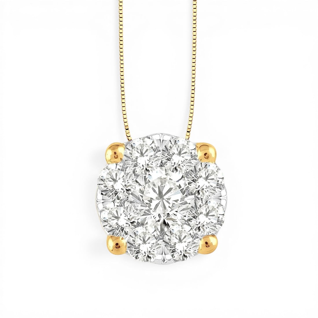 1.04 ctw Cluster Round Diamond 14K Yellow & White Gold Pendant: A testament to superior craftsmanship, this stunning Cluster pendant featuring White Diamond is unparalleled. Showcasing the gems in a Cluster arrangement, the pendant consists of 1.7 grams of 14K Yel