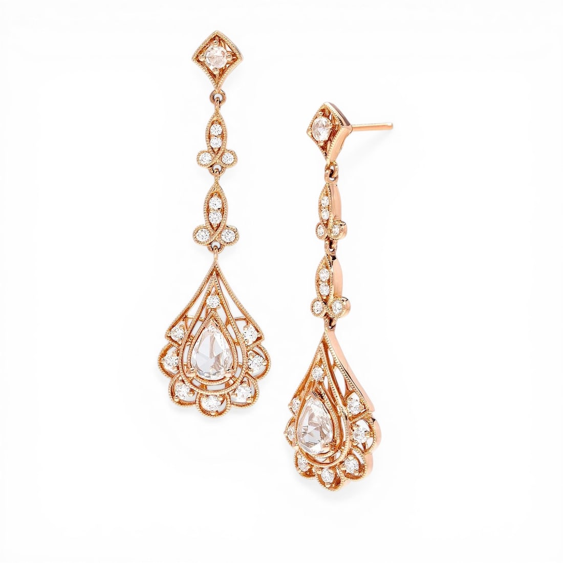 2.18 ctw Floral Diamond Drop 18K Rose Gold Earrings: Retail Value: $21,150 Rare and radiant, this magnificent Floral pair of earrings featuring White Diamond offers a touch of the extraordinary. The gemstones are nestled within a Drop/Dangle framework, 