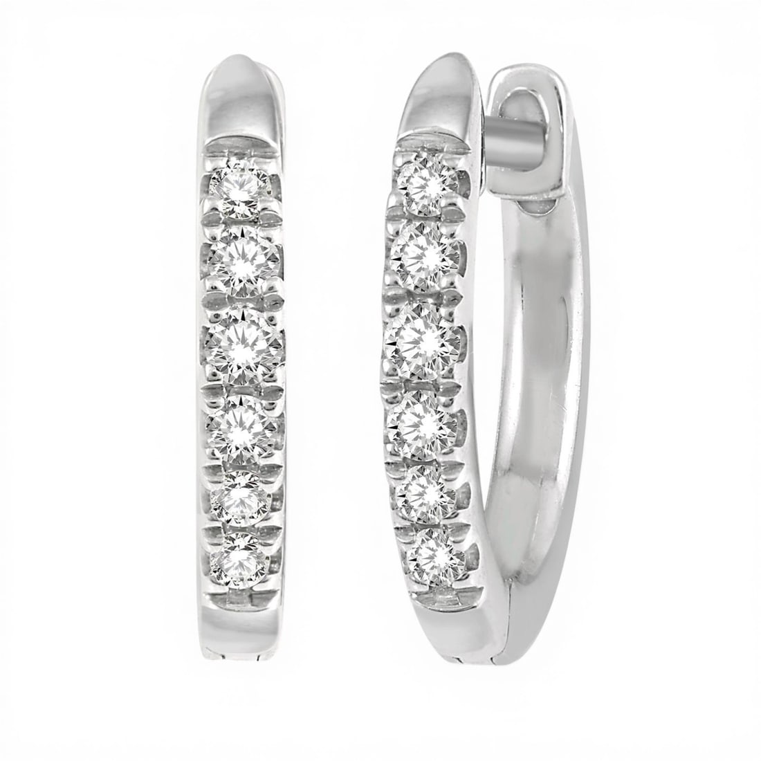 0.12 ctw Diamond 14K White Gold Huggie Petite Earrings: Timeless and sophisticated, this elegant Huggie pair of earrings featuring White Diamond radiates enduring beauty. The gemstones are nestled within a Shared Prong framework, supported by a substantial