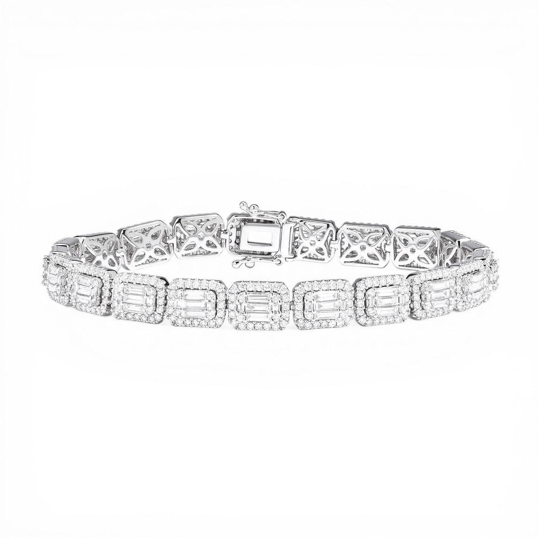 6.91 ctw Baguette and Round Diamond 18K White Gold Tennis Bracelet: Defining modern elegance, this magnificent Empress Baguette bracelet featuring White Diamond captures the essence of style. Securely held in a classic Halo design, the bracelet is forged from 23.7 gra