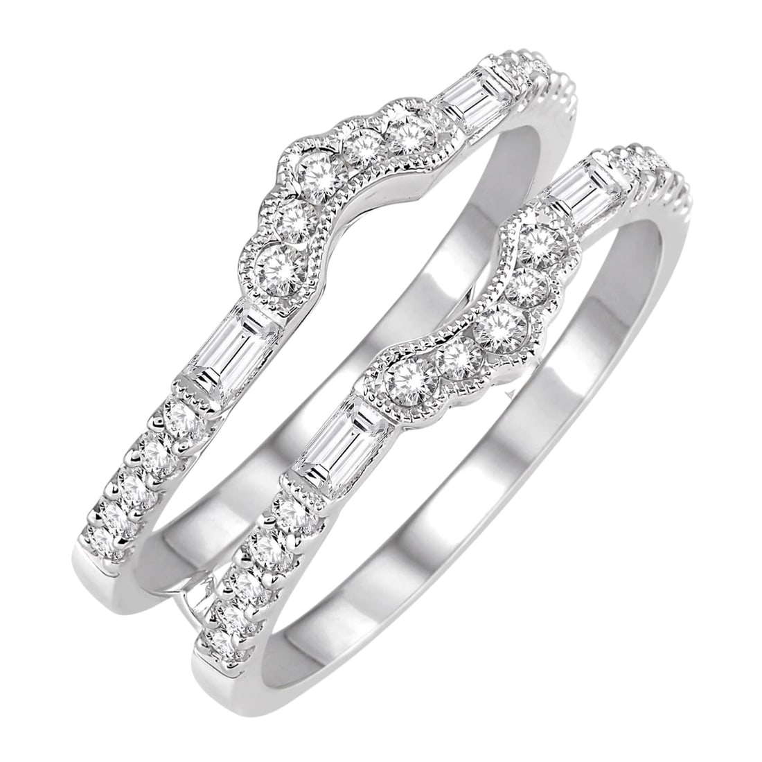 0.57 ctw Round & Baguette Diamond Insert Ring 14K White Gold: A testament to superior craftsmanship, this magnificent Insert ring featuring White Diamond is unparalleled. A detailed Insert/Guard Setting gallery secures the stones, rendered in 3.8 grams of lustro