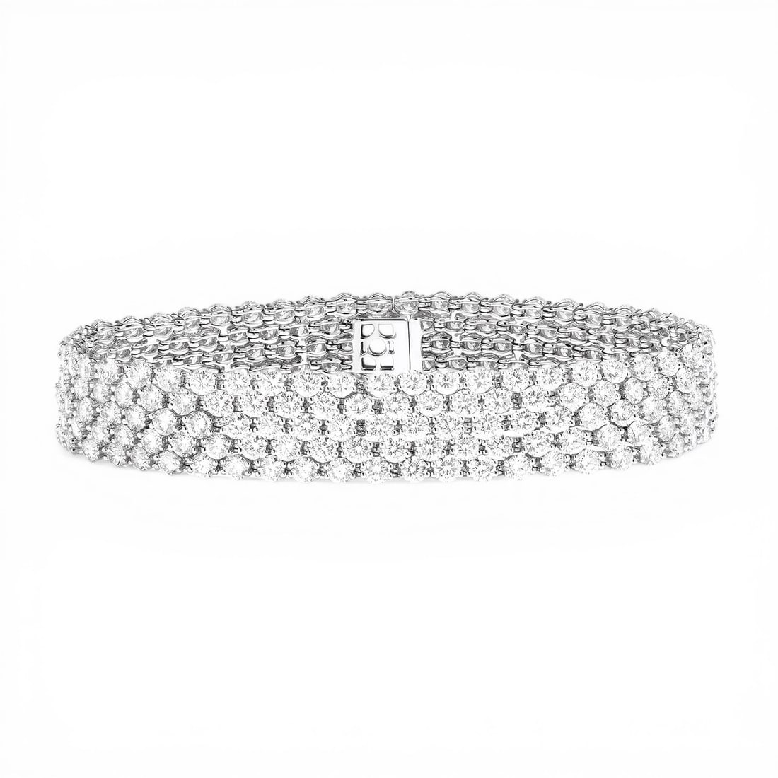 21.56 ctw Five Row White Diamond Platinum Tennis Bracelet: A vision of luxury, this breathtaking Five Row bracelet featuring Natural Diamonds defines sophistication. Expertly mounted in a Five-row continuous link setting, the bracelet is crafted in 35.05 gram