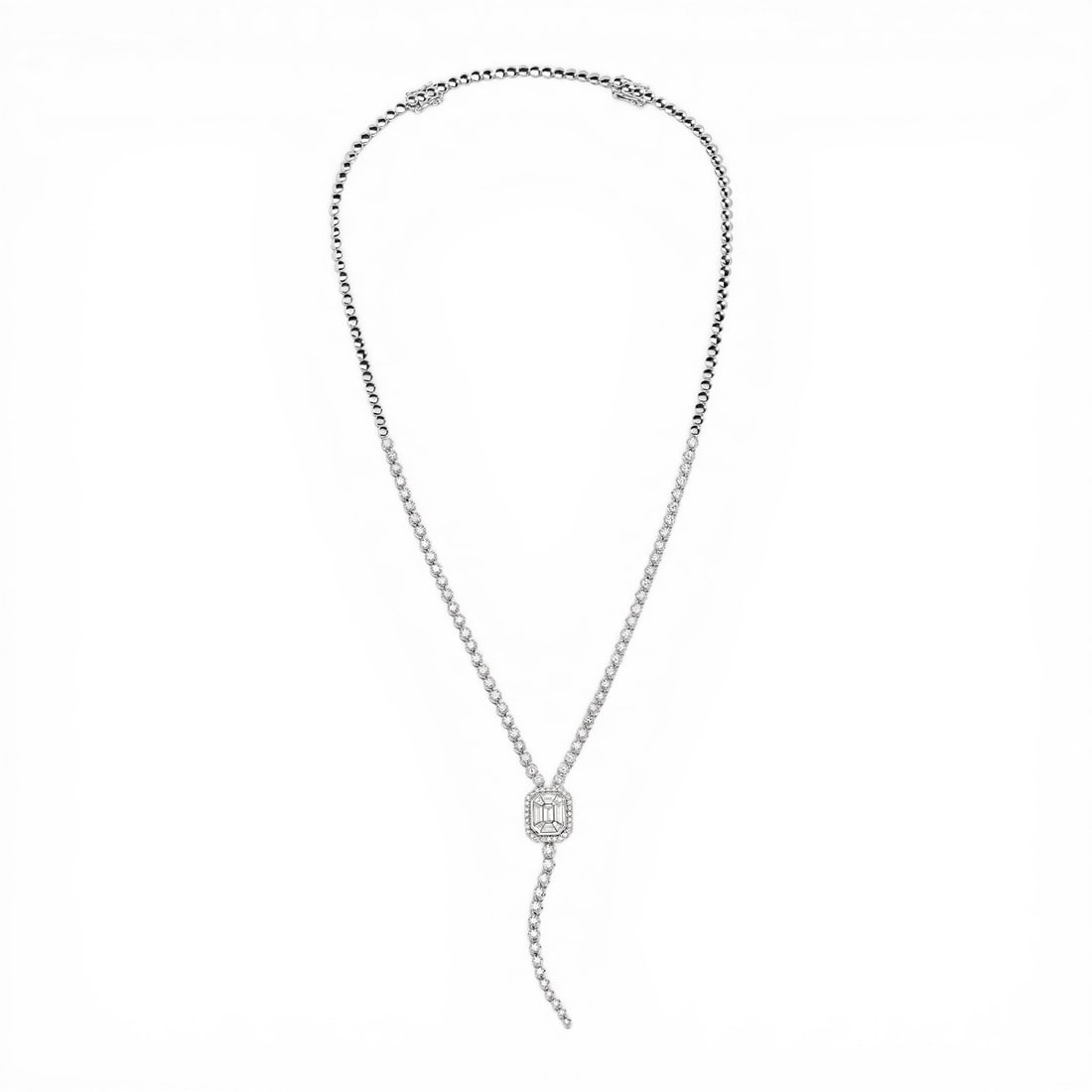 4.73 ctw White Diamond and 1.00 ctw Emerald 18K White Gold Lariat Necklace: Captured in a moment of brilliance, this stunning Mosaic necklace featuring White Diamond, Emerald speaks to the connoisseur. The gemstones are nestled within a Lariat with Diamond Cluster Slide frame