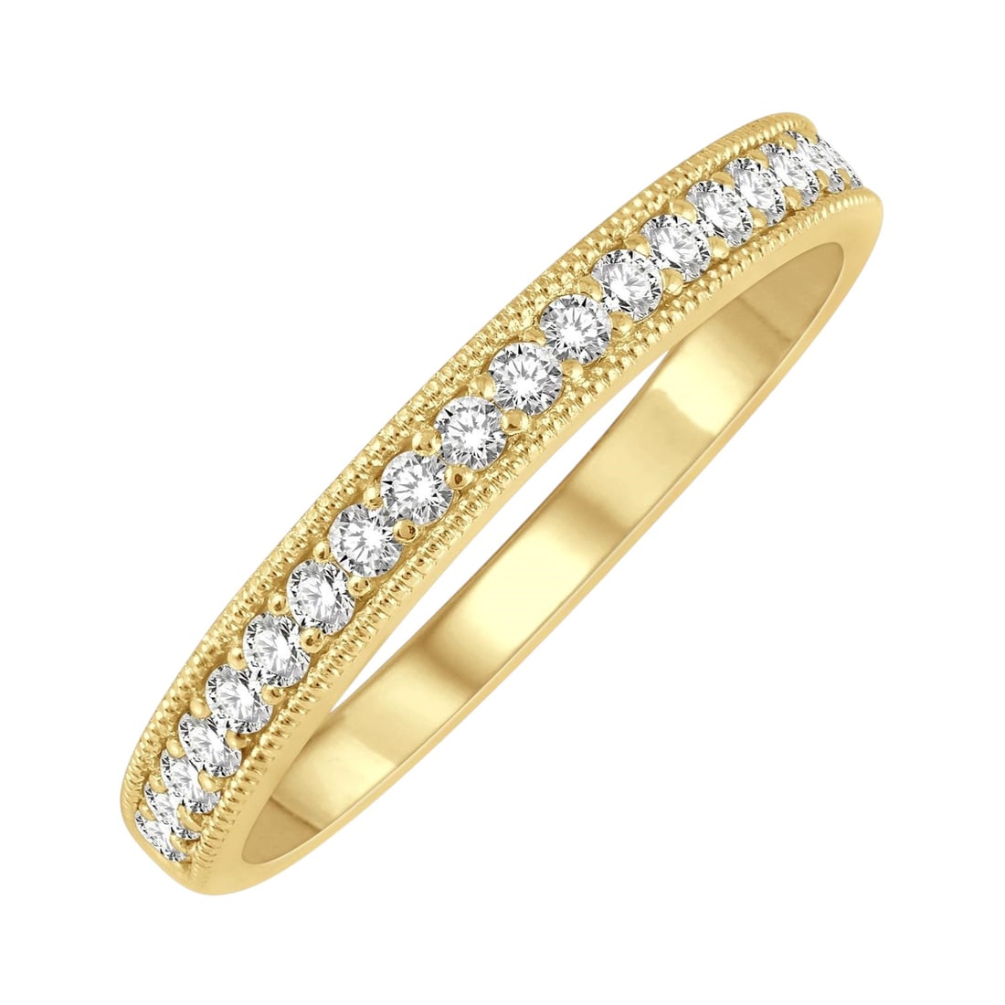 0.25 ctw White Diamond 14K Yellow Gold Wedding Band: Timeless and sophisticated, this elegant Milgrain Finish ring featuring White Diamond radiates enduring beauty. The gemstones are nestled within a Half-Eternity framework, supported by a substantial 2