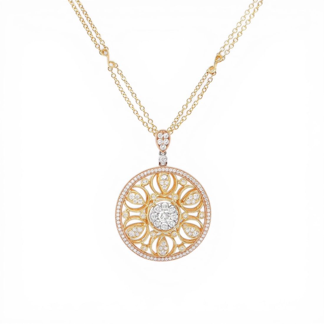 1.98 ctw White Diamond 18K Tri-Color Gold Pendant: Exuding opulence and grace, this breathtaking Cluster pendant featuring White Diamond is crafted for the distinguished. Showcasing the gems in a Halo arrangement, the pendant consists of 16.7 grams of
