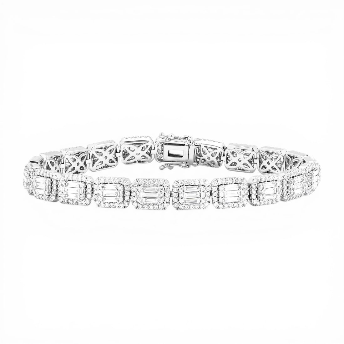 4.27 ctw Baguette and Round Diamond 18K White Gold Tennis Bracelet: Rare and radiant, this stunning Baguette Tennis bracelet featuring White Diamond offers a touch of the extraordinary. A detailed Cluster/Halo gallery secures the stones, rendered in 20.5 grams of lust