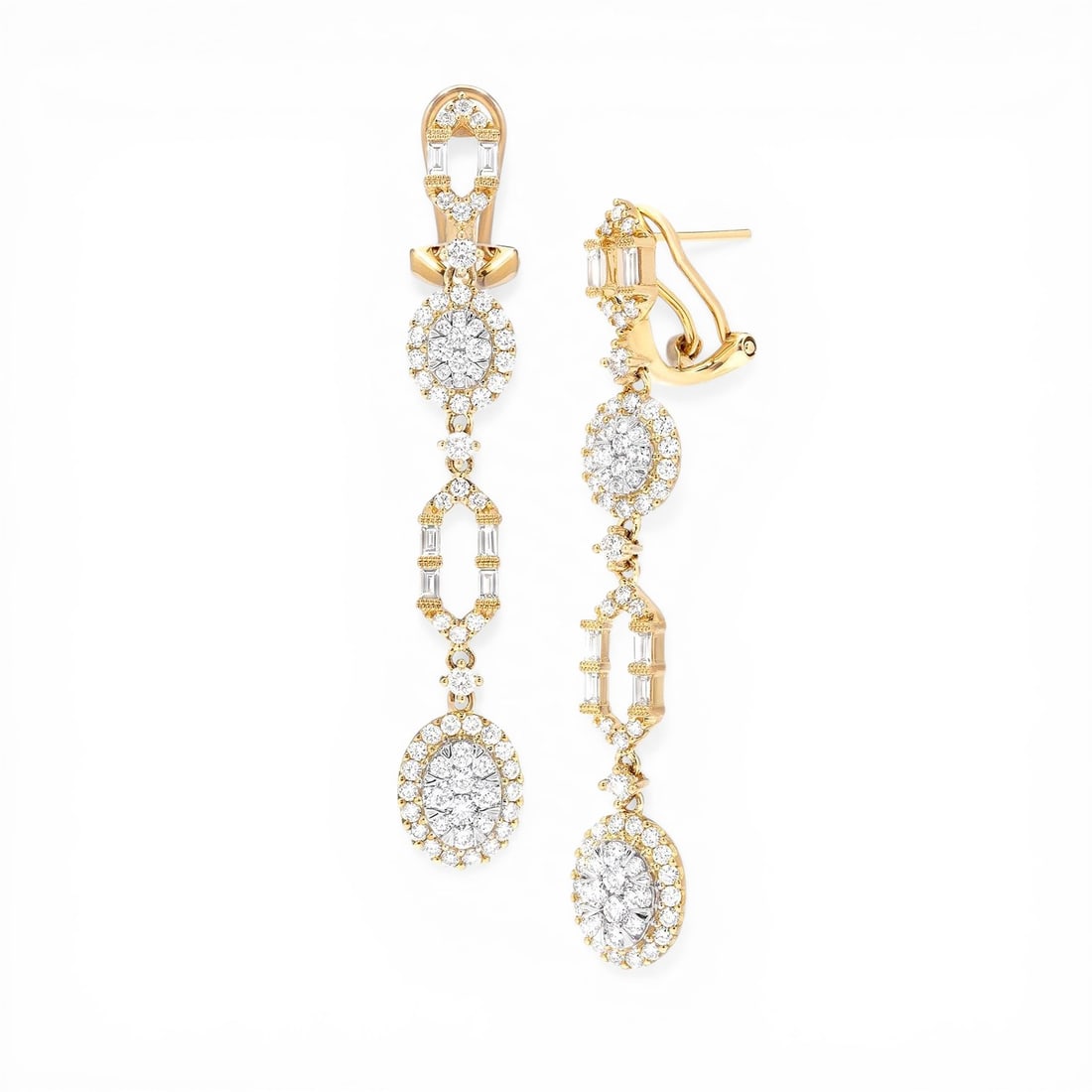 2.02 ctw Diamond Fiori Vintage Drop Cluster 18K Yellow & White Gold Earrings: Captured in a moment of brilliance, this breathtaking Fiori Vintage Drop Cluster pair of earrings featuring White Diamond speaks to the connoisseur. Securely held in a classic Drop design, the earring