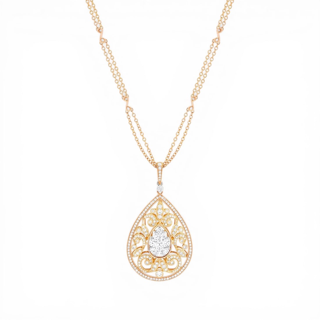 2.39 ctw Pear Cluster Diamond 18K Tri-Color Gold Pendant Necklace: A testament to superior craftsmanship, this magnificent Pear Cluster pendant necklace featuring White Diamond is unparalleled. Crafted with precision, the Cluster setting is seamlessly integrated into