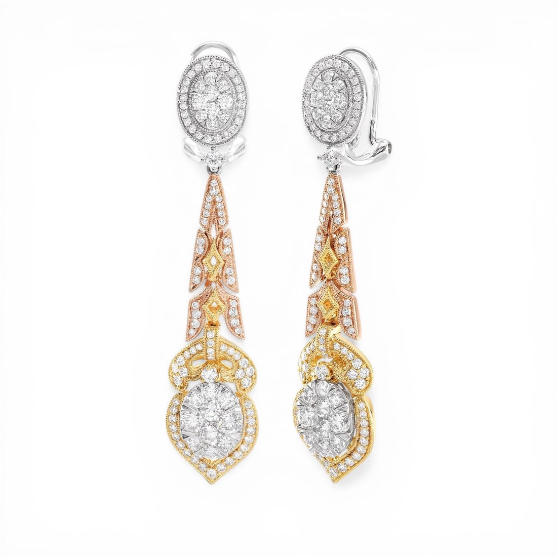 2.74 ctw Fiori Oval Cluster Diamond 18K Tri-Color Gold Earrings: Defining modern elegance, this stunning Fiori Oval Cluster pair of earrings featuring White Diamond captures the essence of style. The gemstones are nestled within a Cluster/Drop framework, supported 