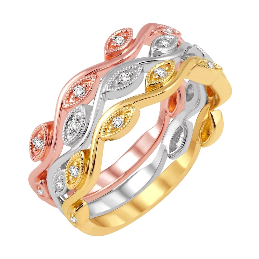 0.16 ctw Diamond Marquise Triple Band Set 14K Tri-Color Gold Ring: Epitomizing grandeur, this elegant Marquise Triple Band ring featuring Natural Diamonds stands as a beacon of refined taste. A detailed Pave gallery secures the stones, rendered in 5.5 grams of lustro