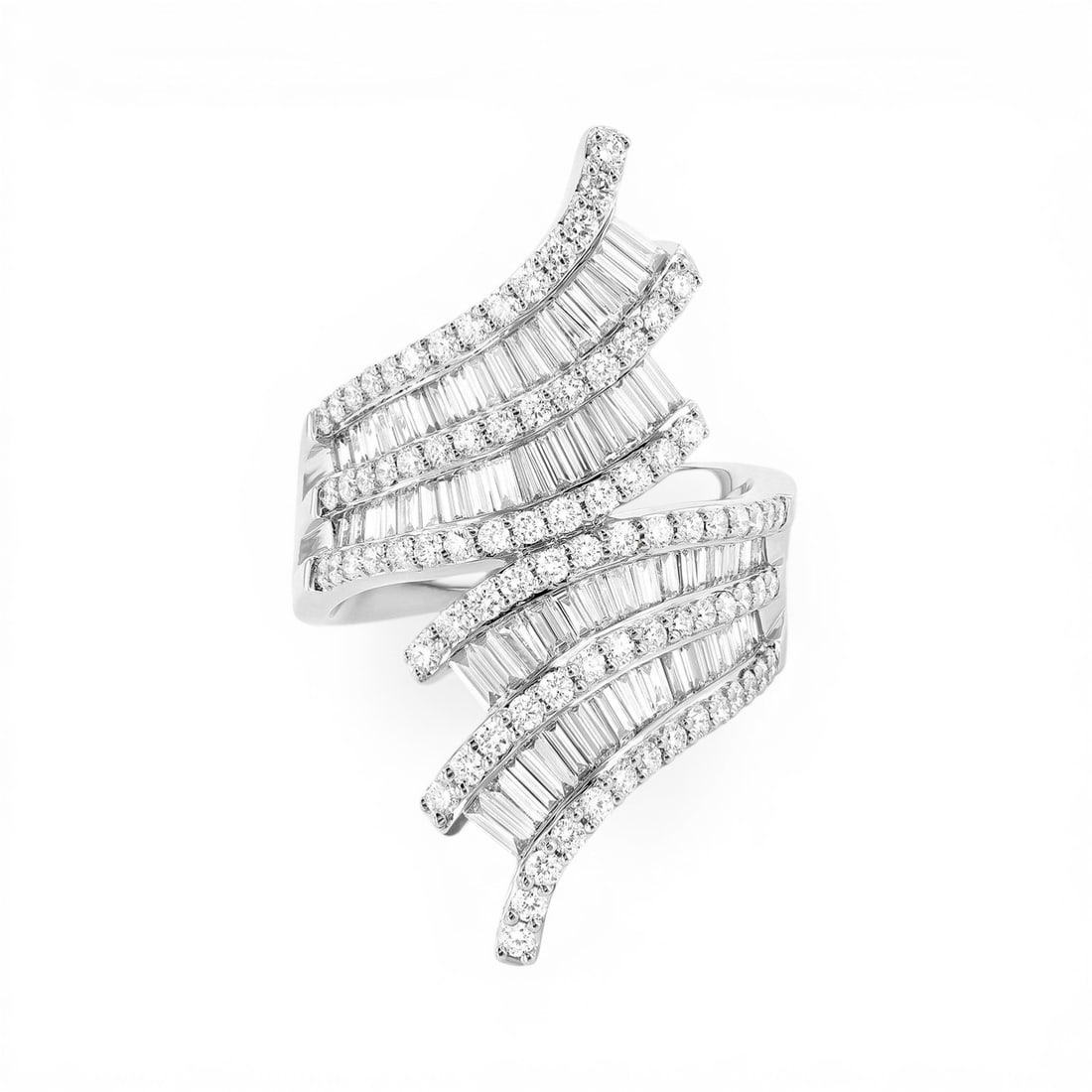 2.76 ctw Baguette & Round Diamond Bypass Wide 18K White Gold Ring (1 of 3)