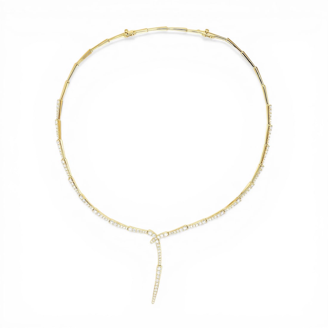 5.74 ctw White Diamond Dagr Meander 18K Yellow Gold Necklace: A symphony of light and color, this breathtaking Dagr Meander necklace featuring Natural Diamonds embodies the pinnacle of luxury. Expertly mounted in a Lariat setting, the necklace is crafted in 29.5