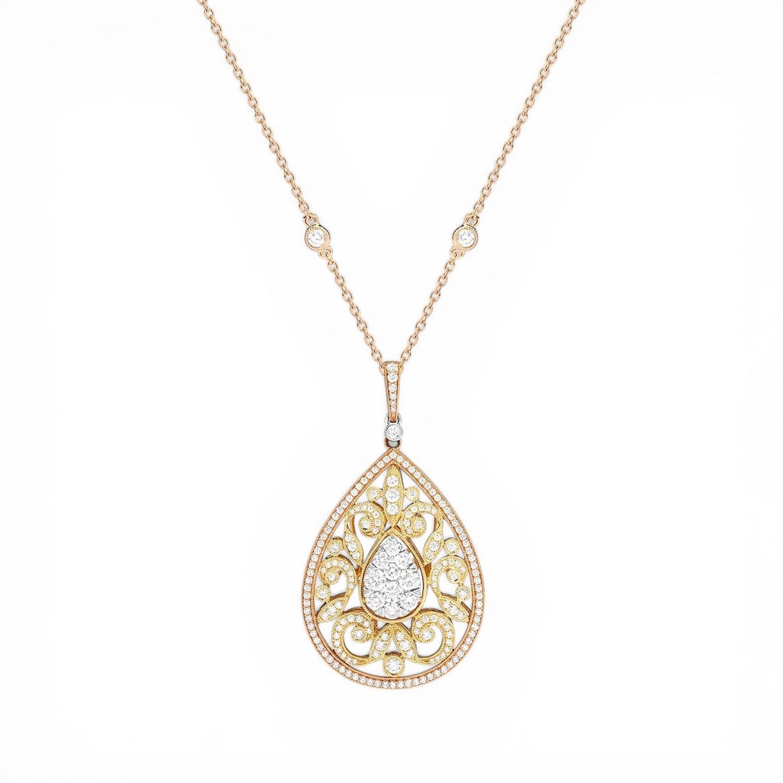 1.33 ctw Pear Cluster Diamond Fiori 18K Tri-Color Gold Pendant: Captured in a moment of brilliance, this stunning Cluster pendant necklace featuring Natural Diamonds speaks to the connoisseur. The gemstones are nestled within a Cluster/Halo framework, supported by