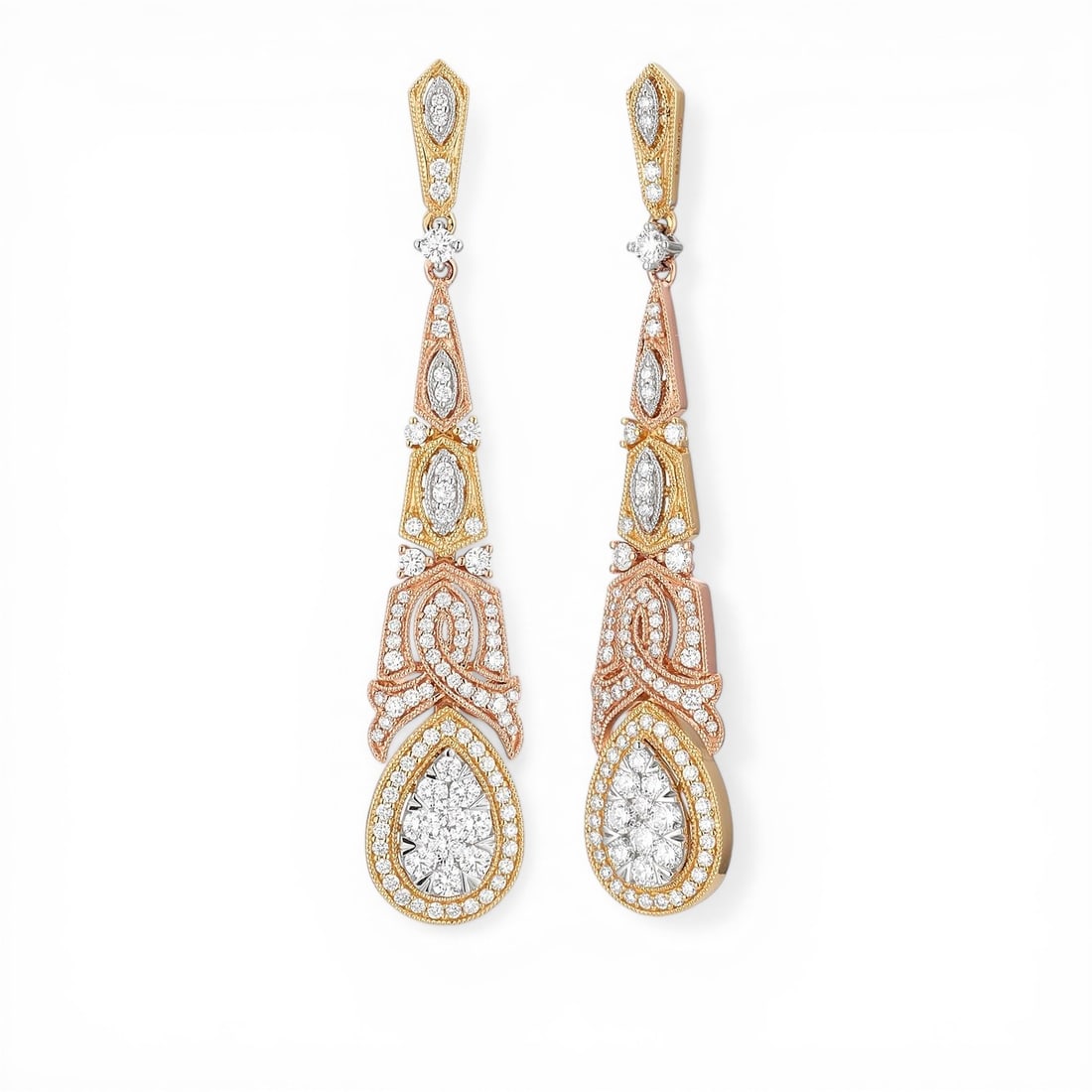 1.66 ctw White Diamond Fiori Pear Cluster 18K Tri-Color Gold Earrings: An exquisite masterpiece of haute joaillerie, this magnificent Pear Cluster pair of earrings featuring White Diamond is a true treasure. Crafted with precision, the Cluster setting is seamlessly integ