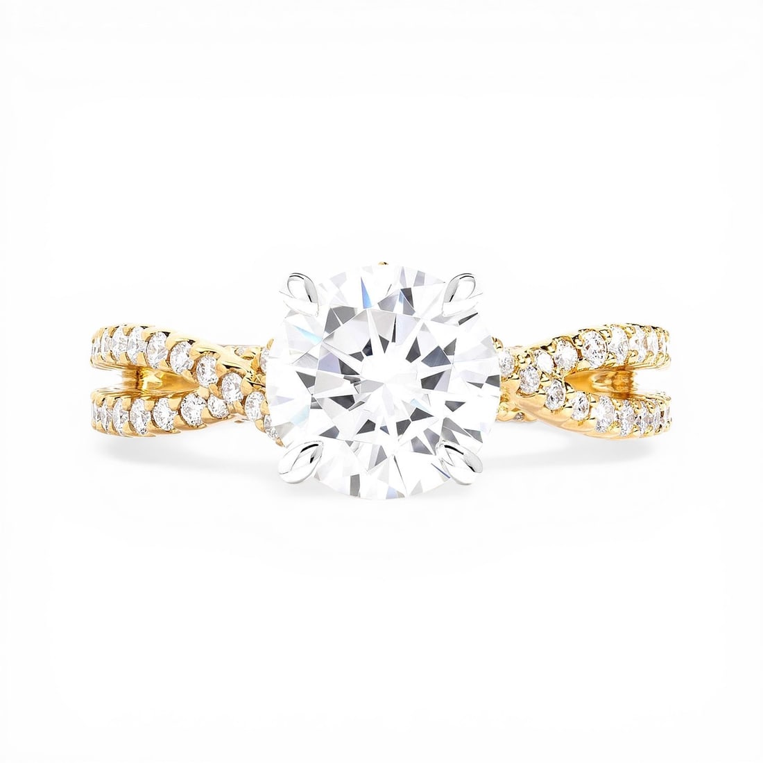 0.66 ctw Diamond Accent 18K Yellow & White Gold Engagement Ring: Defining modern elegance, this stunning Bypass ring featuring Natural Diamonds captures the essence of style. The gemstones are nestled within a Bypass/Split Shank framework, supported by a substantia