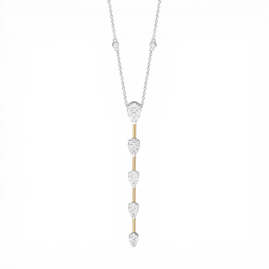 1.16 ctw Diamond Fiori Pear Station Bar Long Cluster 18K Yellow & White Gold Pendant Necklace (1 of 2)