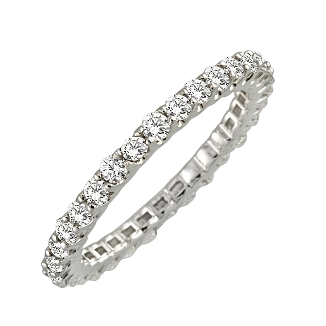 1.09 ctw Round Diamond Eternity Band 14K White Gold: A testament to superior craftsmanship, this magnificent Eternity ring featuring White Diamond is unparalleled. Showcasing the gems in a Shared Prong arrangement, the ring consists of 1.5 grams of 14K 