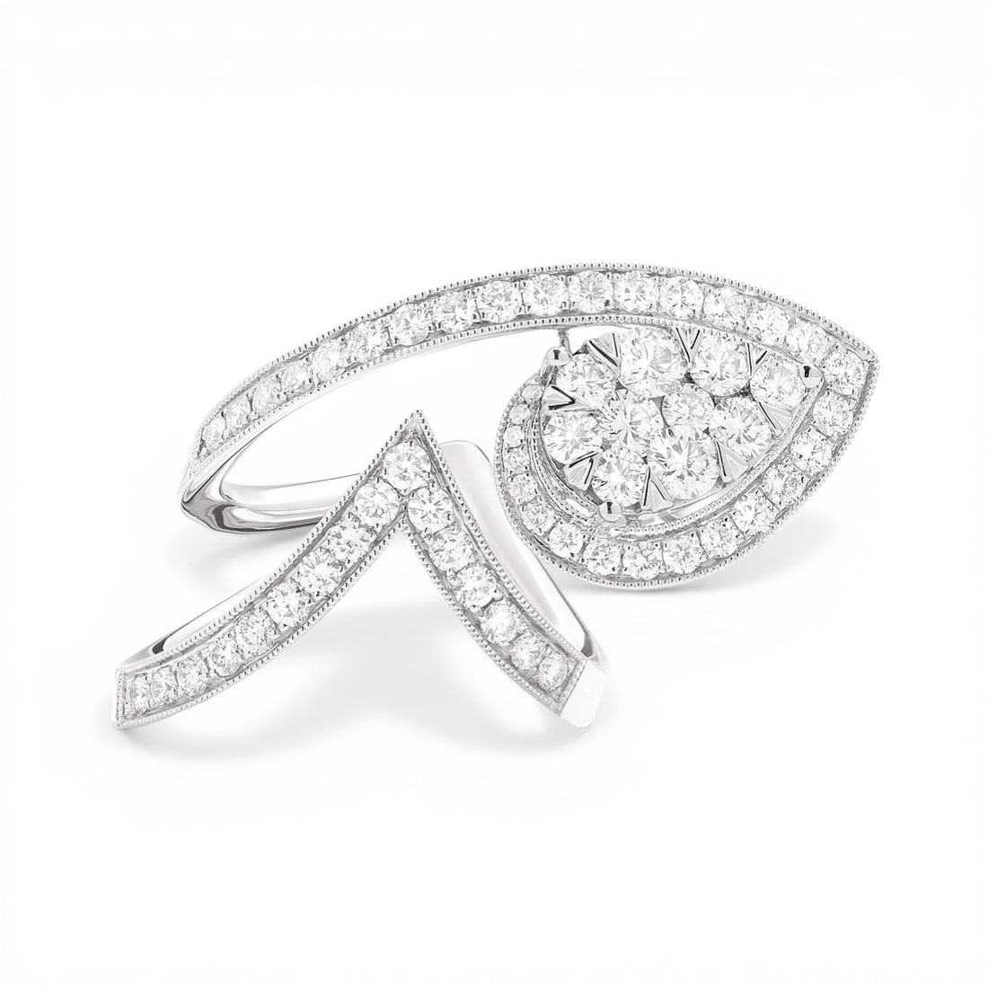 1.79 ctw Diamond Fiori Cluster Cocktail 18K White Gold Ring: Epitomizing grandeur, this exquisite Fiori Pear Avant-Garde Cluster ring featuring White Diamond stands as a beacon of refined taste. Crafted with precision, the Bypass/Wrap-around with a Cluster Head
