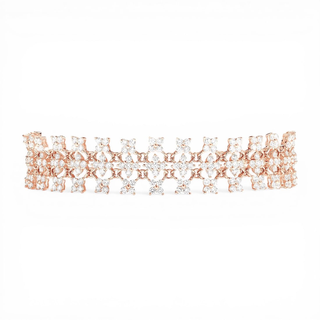 7.54 ctw White Diamond 18K Rose Gold Bracelet: Defining modern elegance, this stunning Floral bracelet featuring White Diamond captures the essence of style. The gemstones are nestled within a Cluster framework, supported by a substantial 15.75 gr