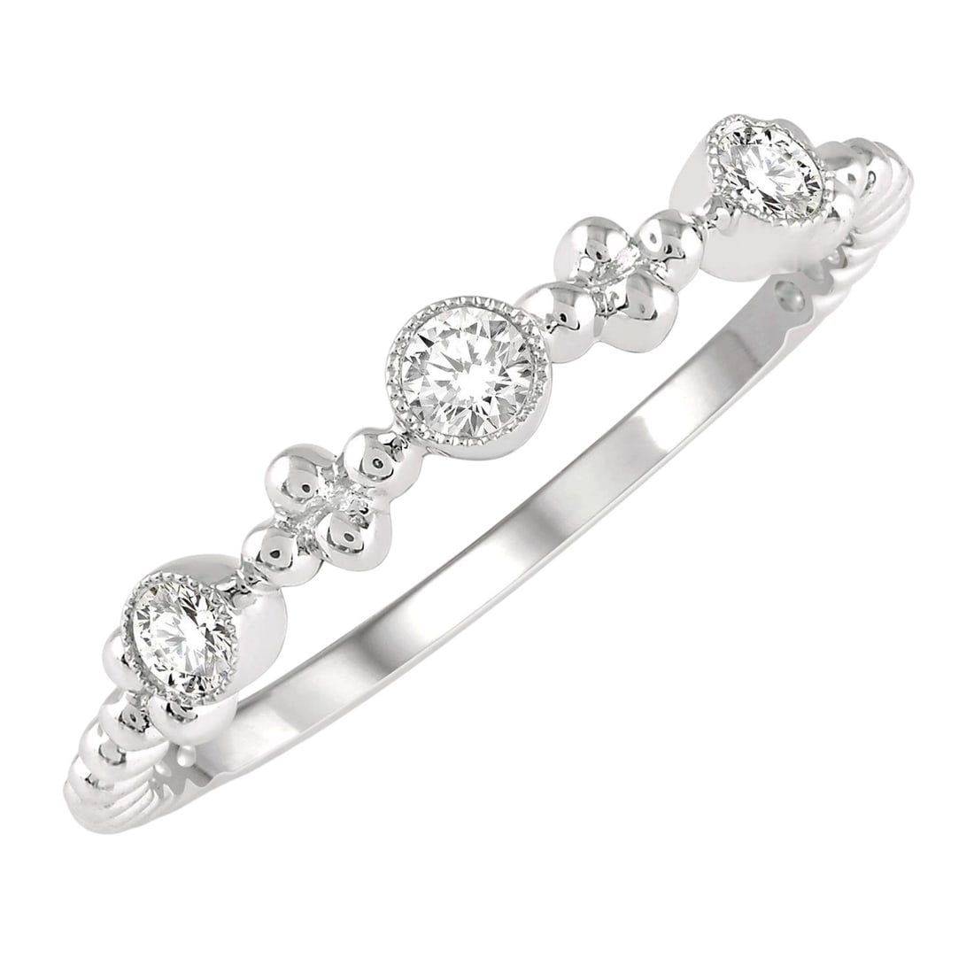 0.20 ctw Diamond Circular Mount Stackable Band 14K White Gold: Defining modern elegance, this elegant Circular Mount ring featuring Natural Diamonds captures the essence of style. The gemstones are nestled within a Bezel framework, supported by a substantial 1.2 