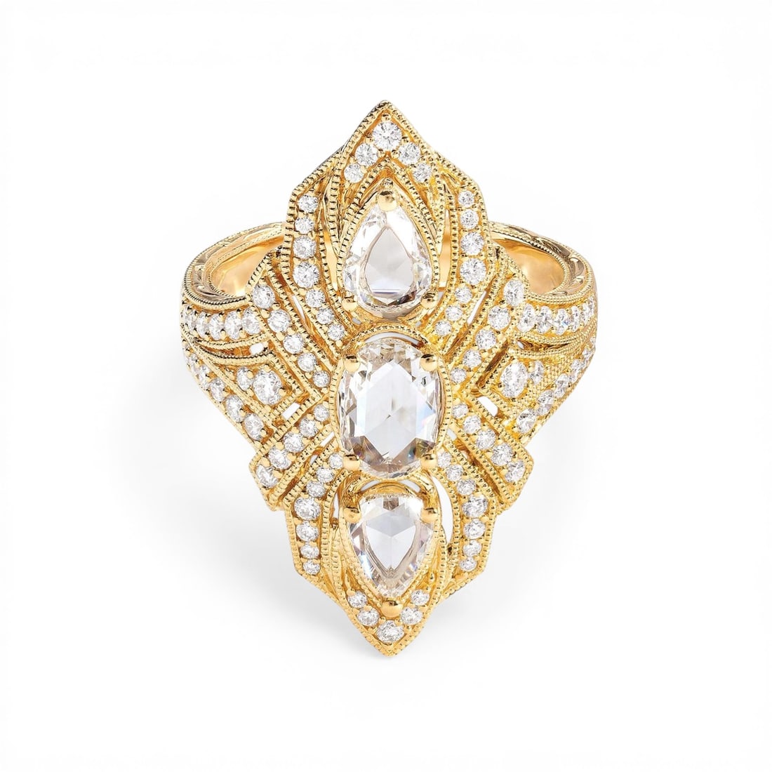 Vintage Mademoiselle 2.13 ctw Diamond 18K Yellow Gold Ring: A testament to superior craftsmanship, this magnificent Vintage Mademoiselle ring featuring White Diamond is unparalleled. A detailed Ornate Shield Cluster Setting gallery secures the stones, rendered