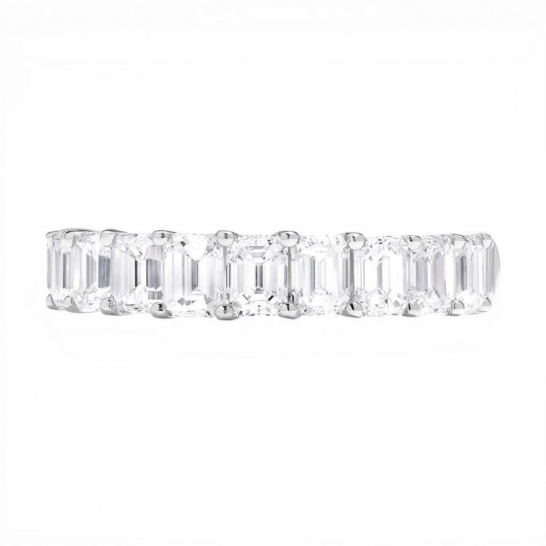 2.75 ctw Emerald Cut White Diamond 18K White Gold Halfway Band Ring: Timeless and sophisticated, this magnificent Halfway Band ring featuring White Diamond radiates enduring beauty. The gemstones are nestled within a Halfway Band framework, supported by a substantial 3